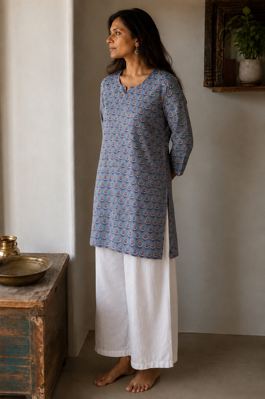 Santosha Hand Block Printed Cotton Short Kurta | Blue Motif | KanthaIndia