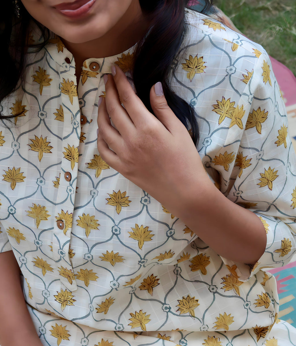 Yellow Floral Cotton Kurti | Pure Cotton | KanthaIndia