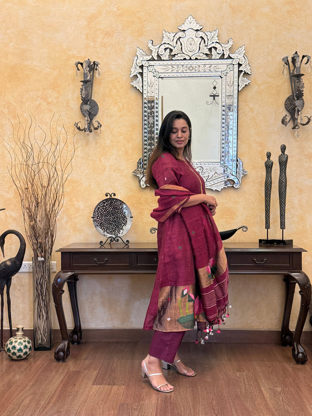 Antara Maroon Jamdani Paithani Unstitched Fabric Set