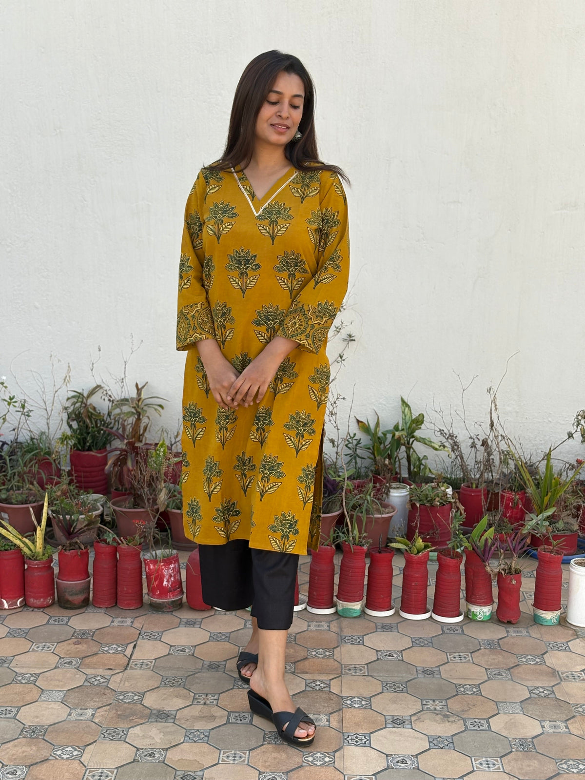 Surya Prabha Ajrakh Hand Block Printed Cotton Kurta | KanthaIndia