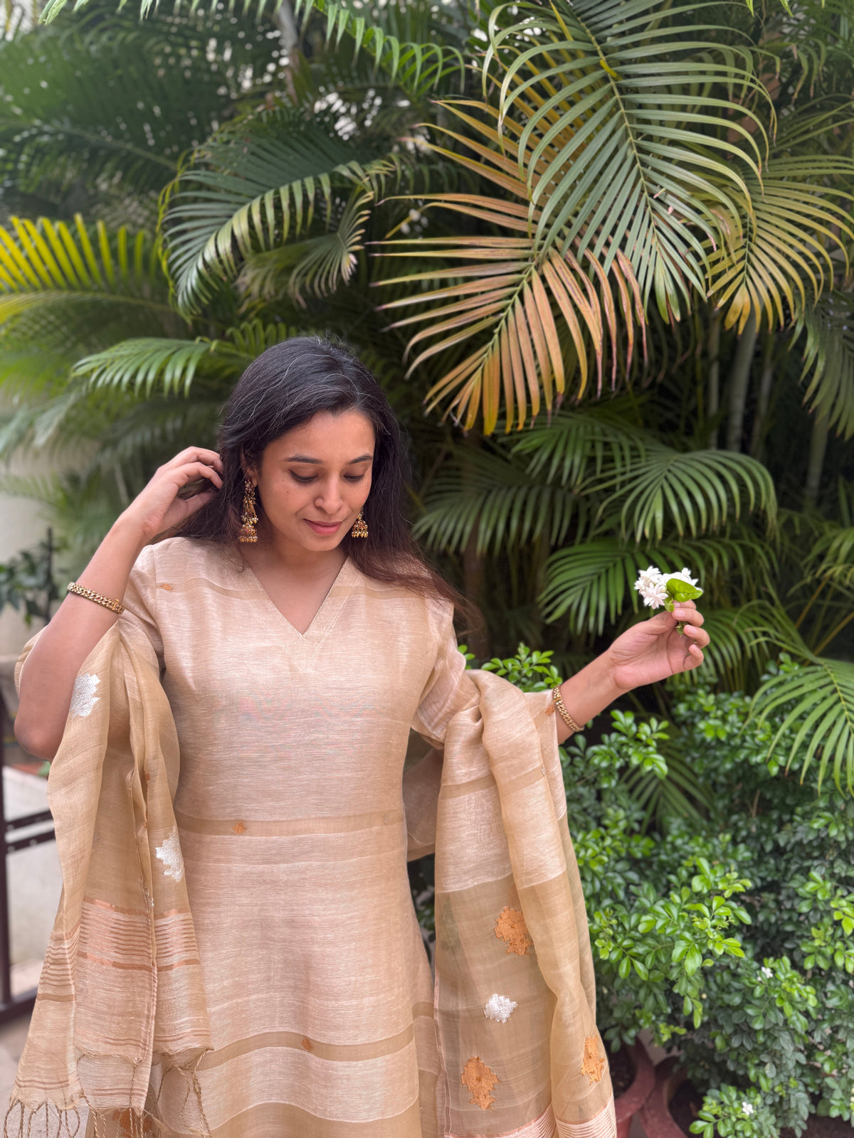 Ananta Beige Jamdani Linen Silk Dupatta Suit Set