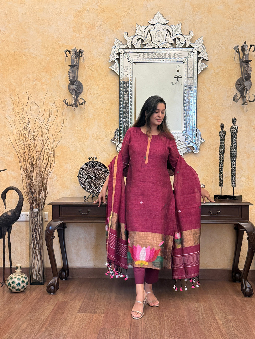 Antara Maroon Jamdani Paithani Dupatta Suit Set