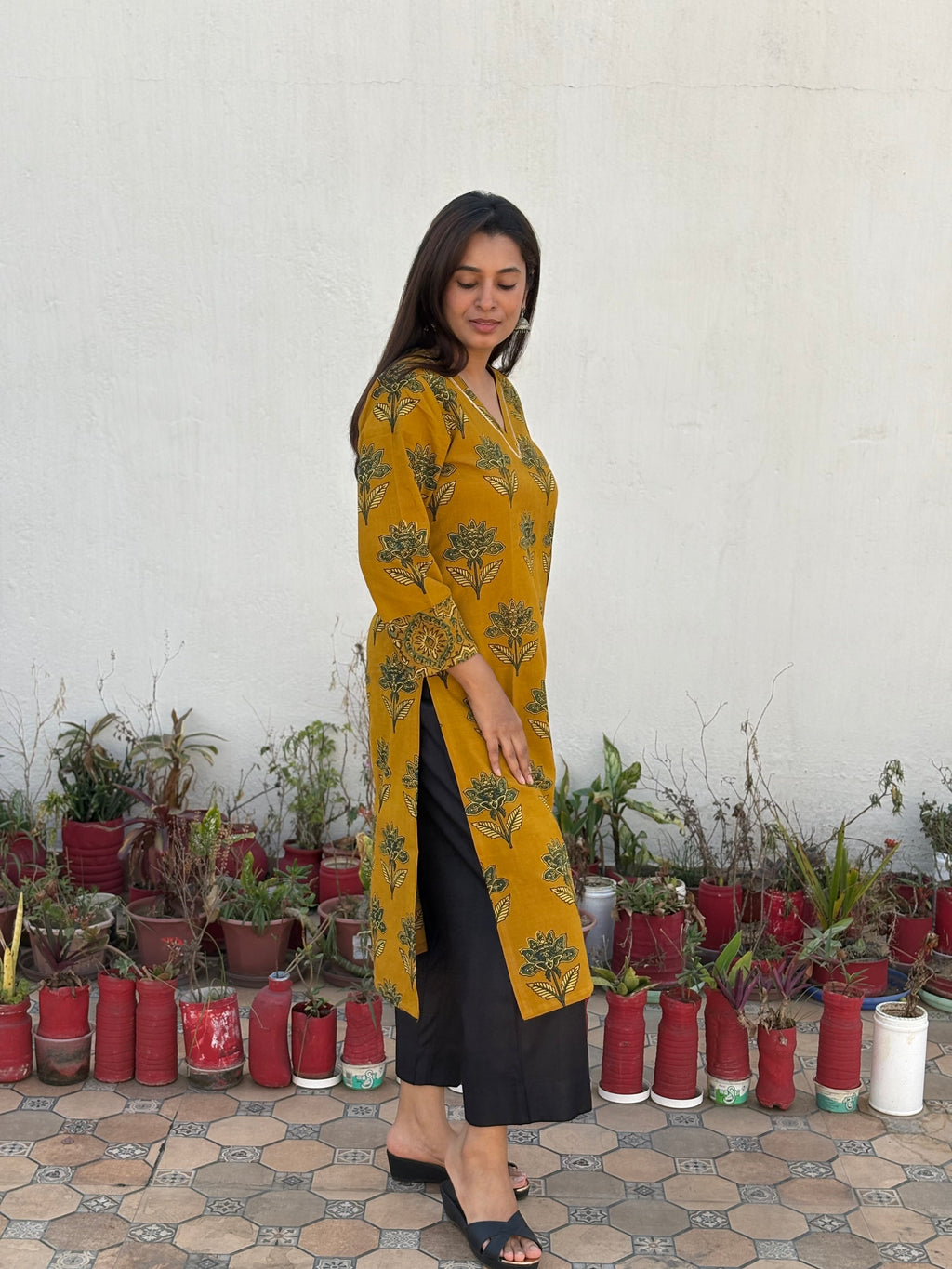 Surya Prabha Ajrakh Hand Block Printed Cotton Kurta | KanthaIndia