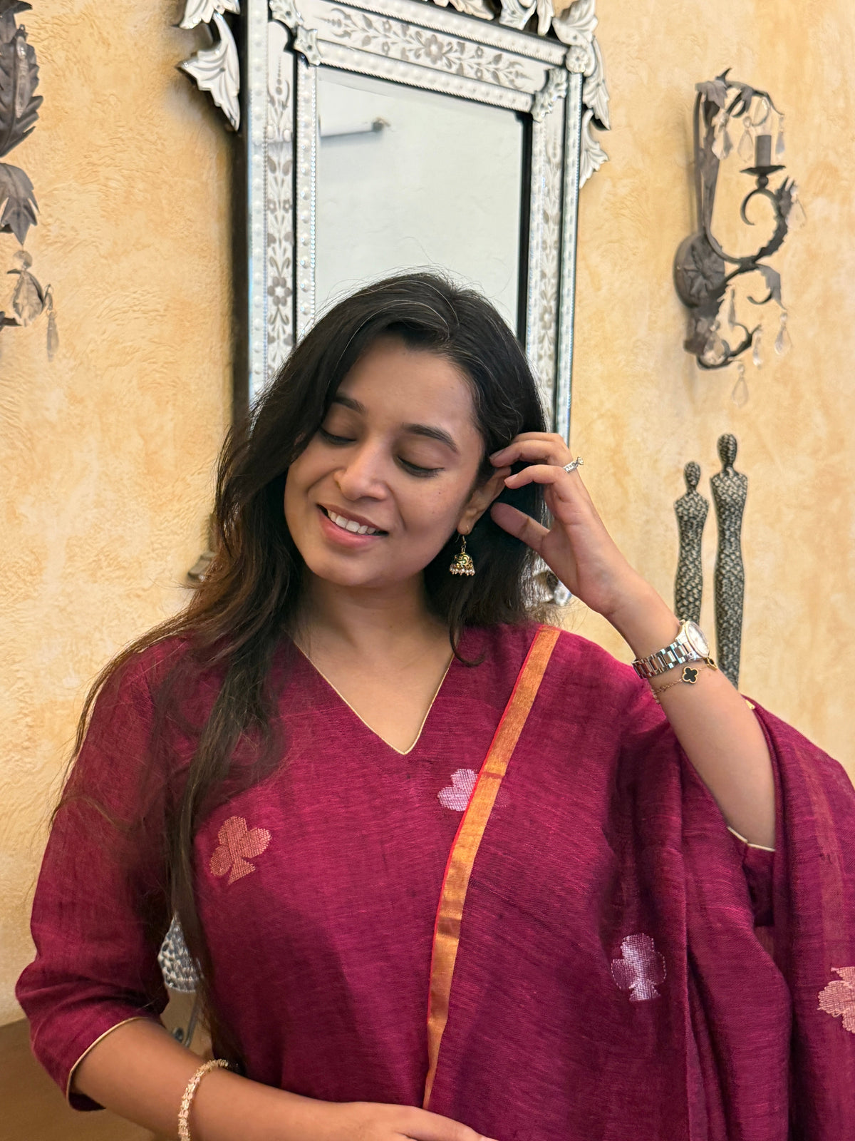 Nitya Maroon Jamdani Pan Patta Unstitched Fabric Set