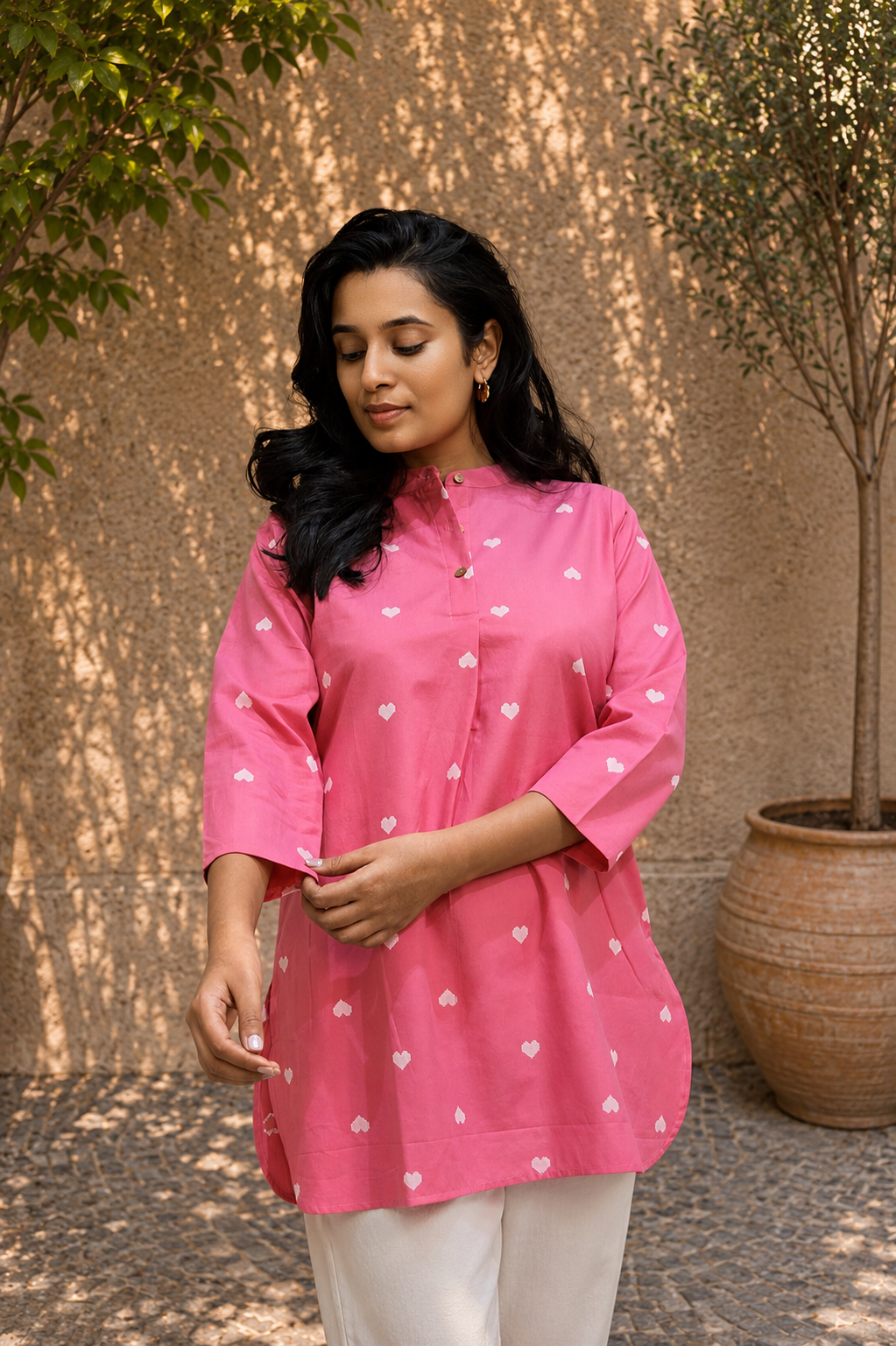 Pink Heart Handwoven Cotton Short Top | KanthaIndia