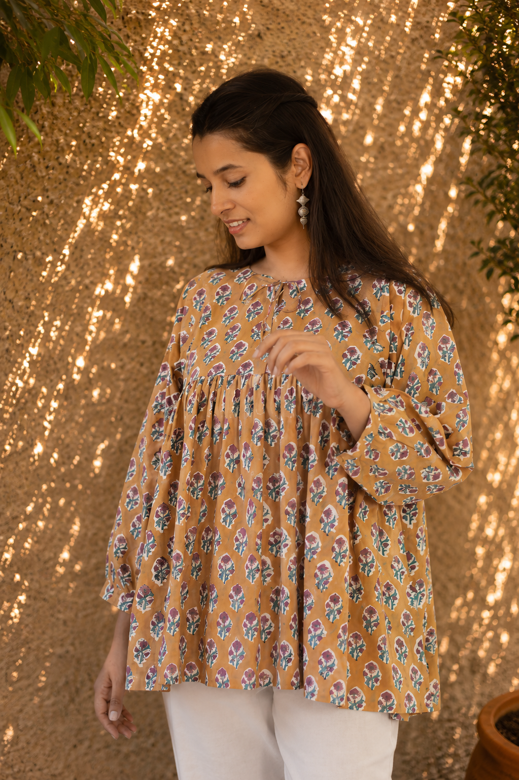 Beige Hand Block Printed Cotton Short Top