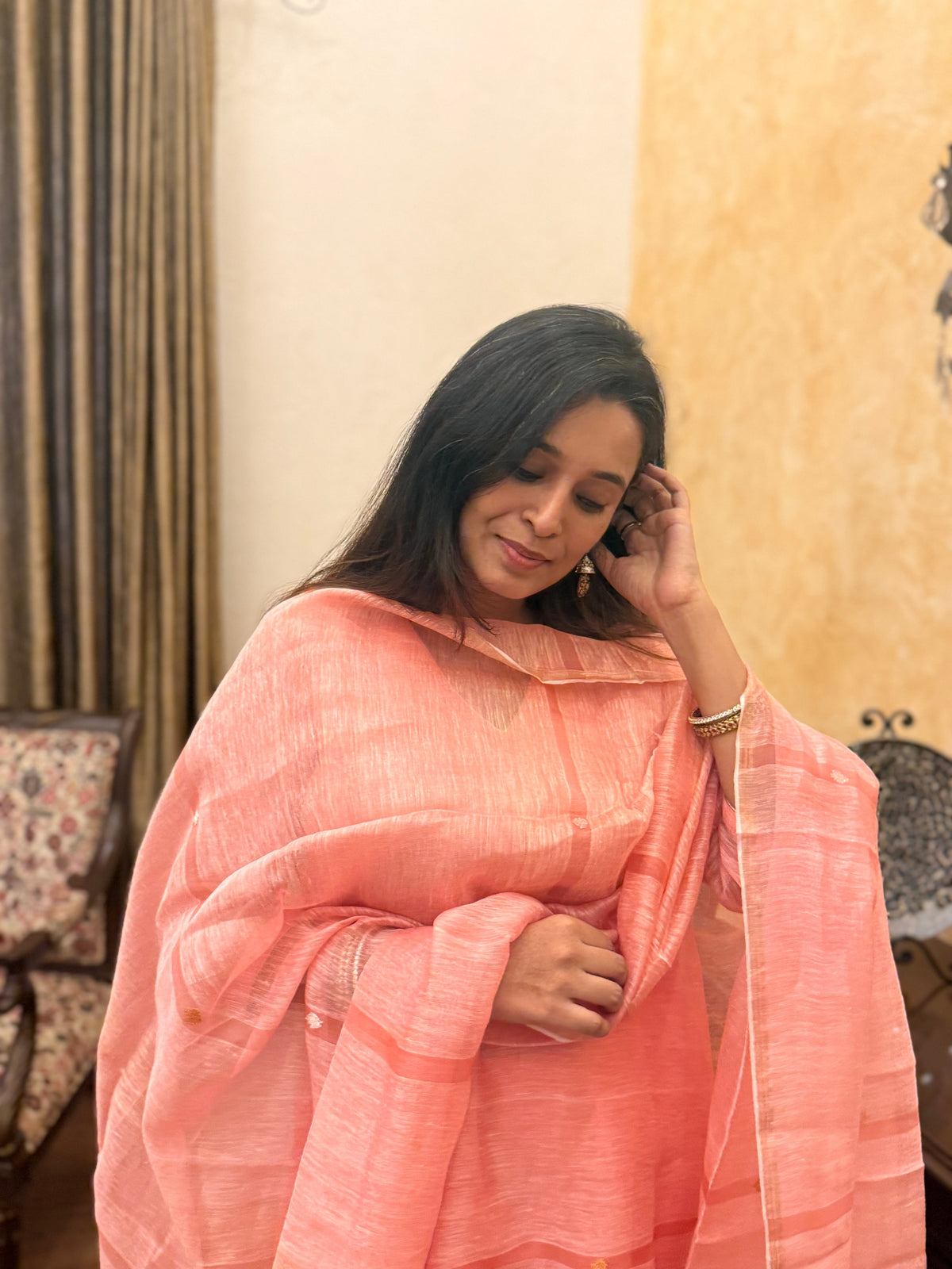 Aarambh Pink Jamdani Linen Silk Dupatta Suit Set