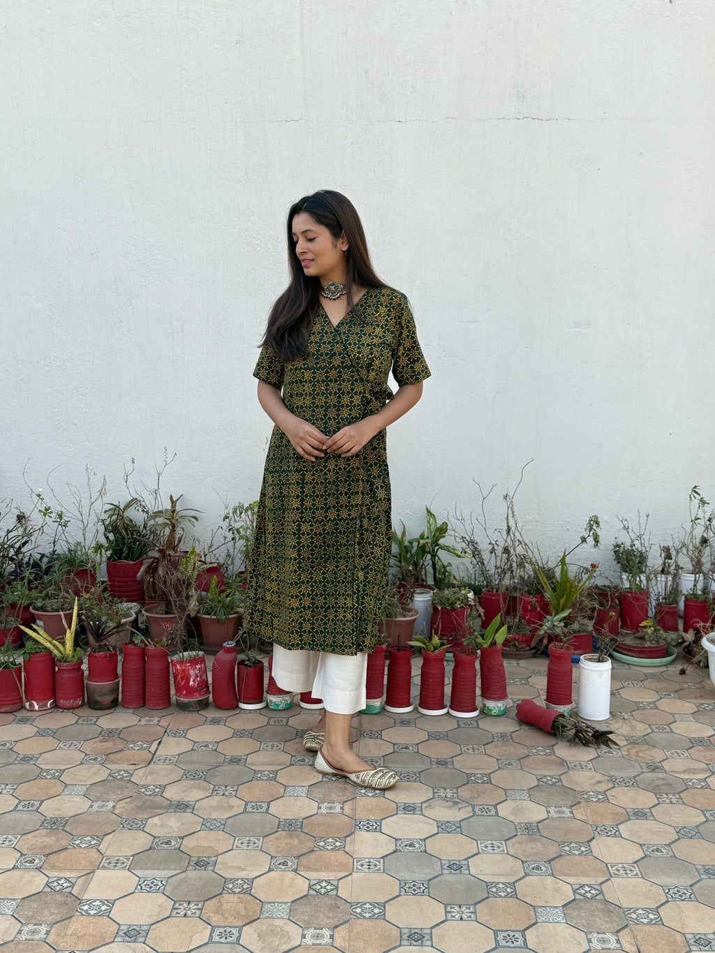 Harini Ajrakh Hand Block Printed Wrap Kurta | Green | KanthaIndia