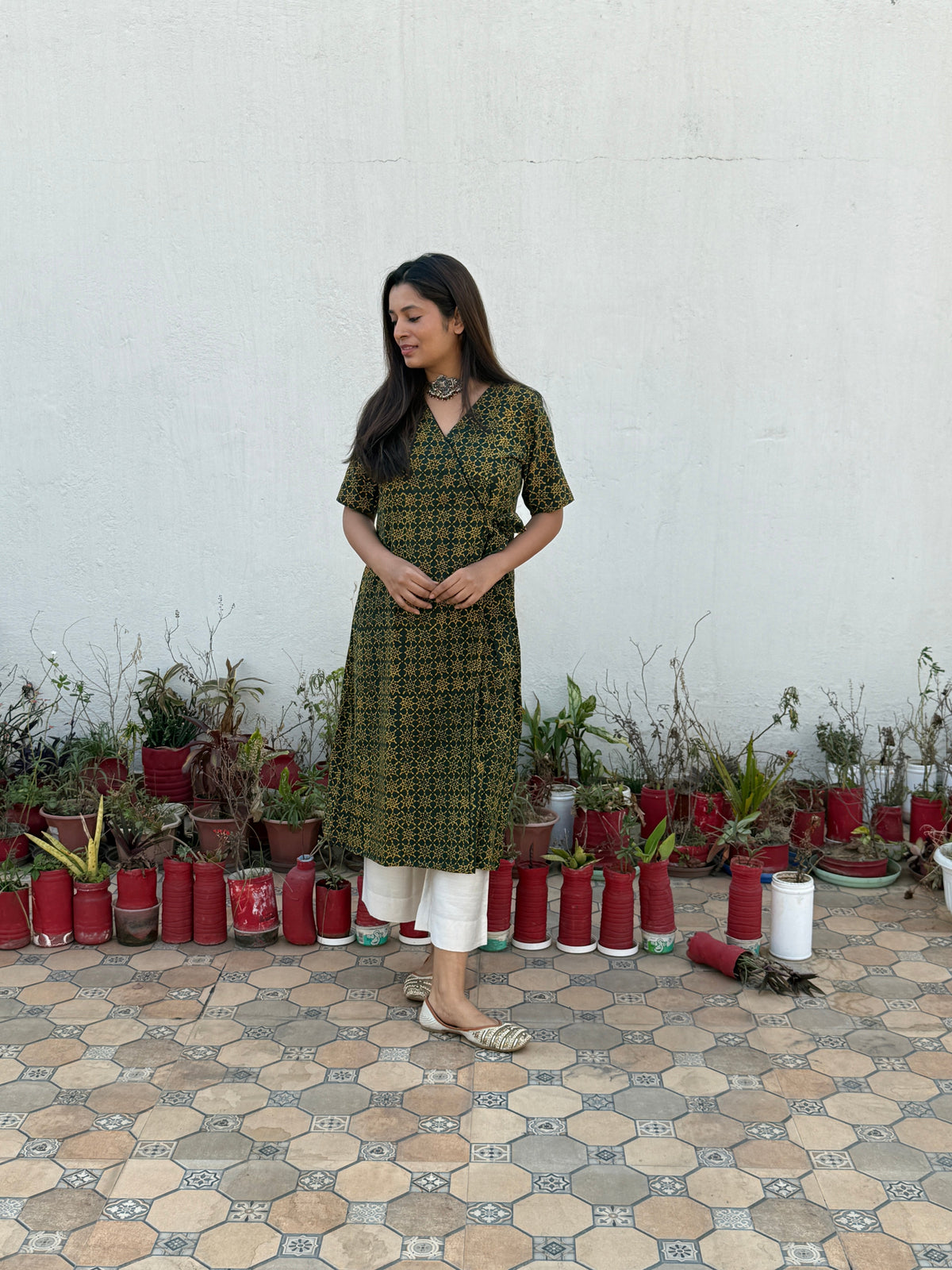 Harini Ajrakh Hand Block Printed Wrap Kurta | Green | KanthaIndia