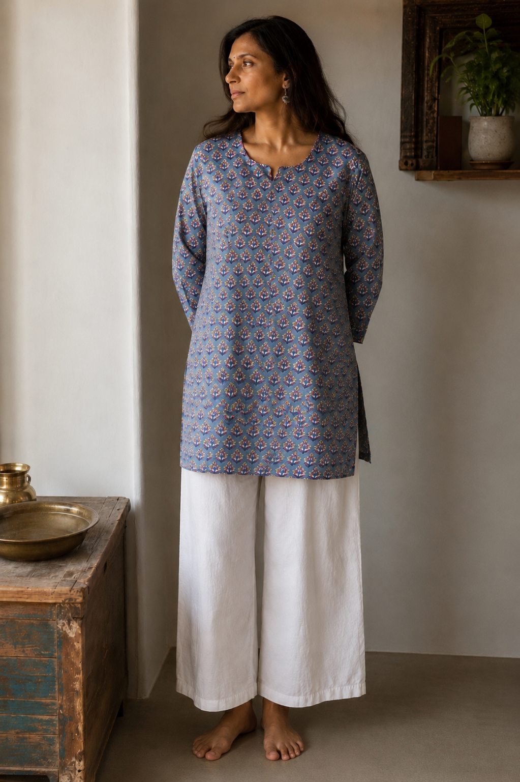 Santosha Hand Block Printed Cotton Short Kurta | Blue Motif | KanthaIndia