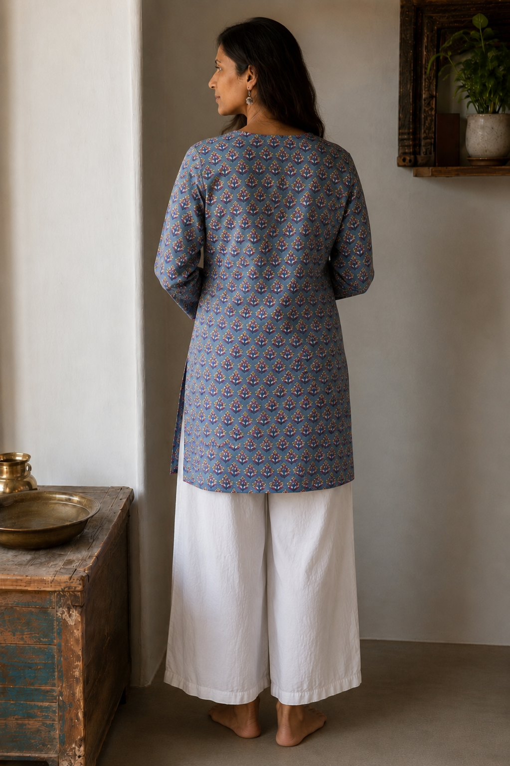 Santosha Hand Block Printed Cotton Short Kurta | Blue Motif | KanthaIndia
