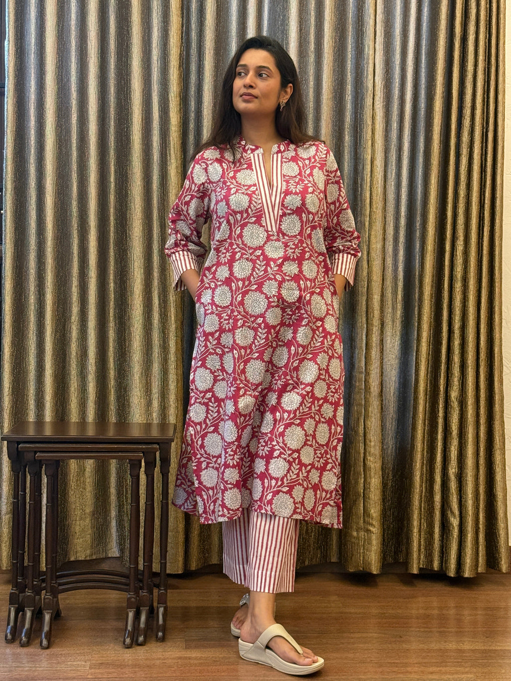 Gulnar Hand Block Printed Cotton Kurti Pant Set | Fuchsia Floral | KanthaIndia