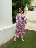 Gulnar Hand Block Printed Cotton Kurti Pant Set | Fuchsia Floral | KanthaIndia