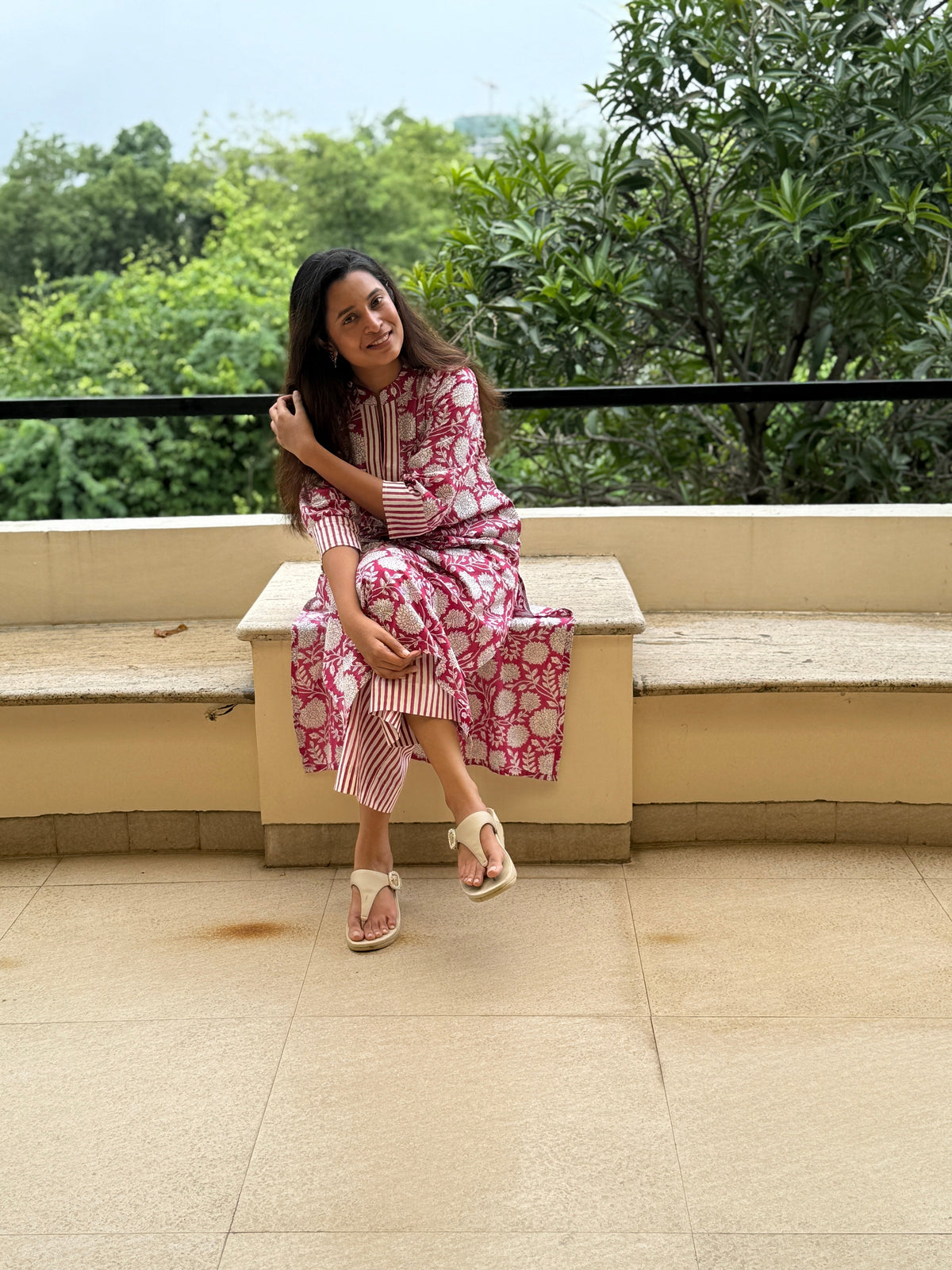 Gulnar Hand Block Printed Cotton Kurti Pant Set | Fuchsia Floral | KanthaIndia