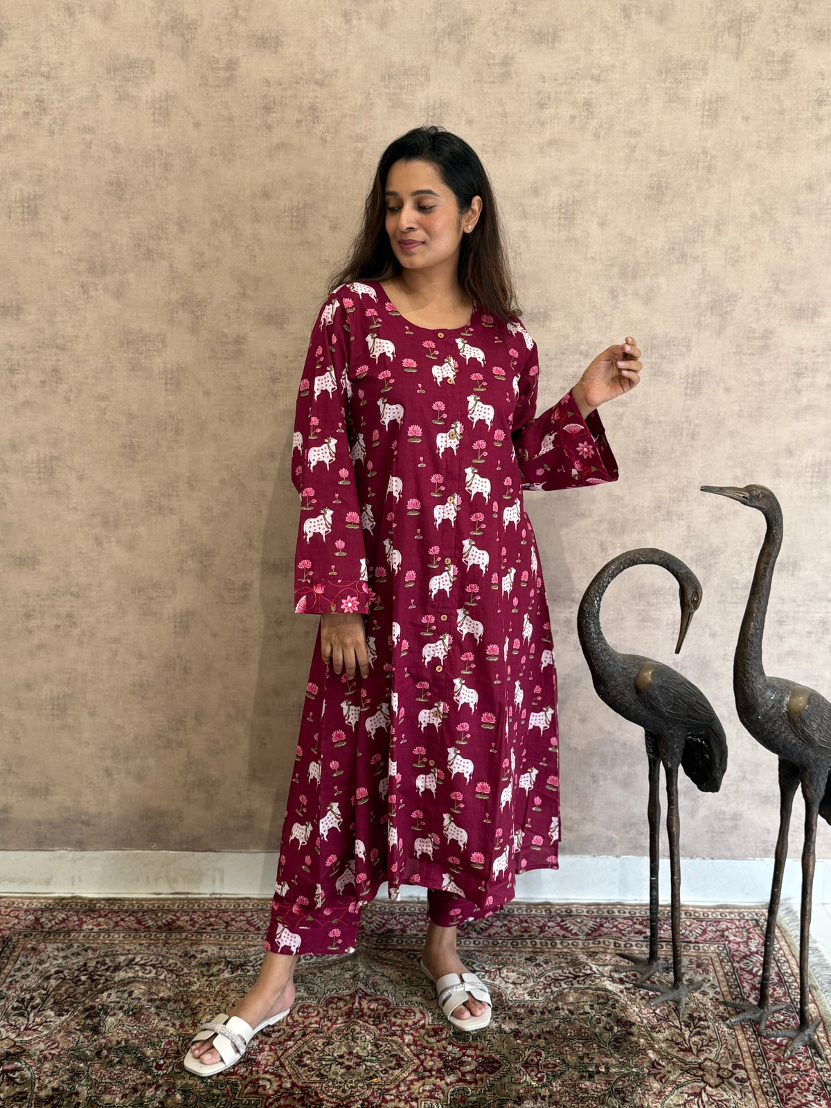 Aruna Pichwai Cotton Kurti Pant Set | Berry | KanthaIndia