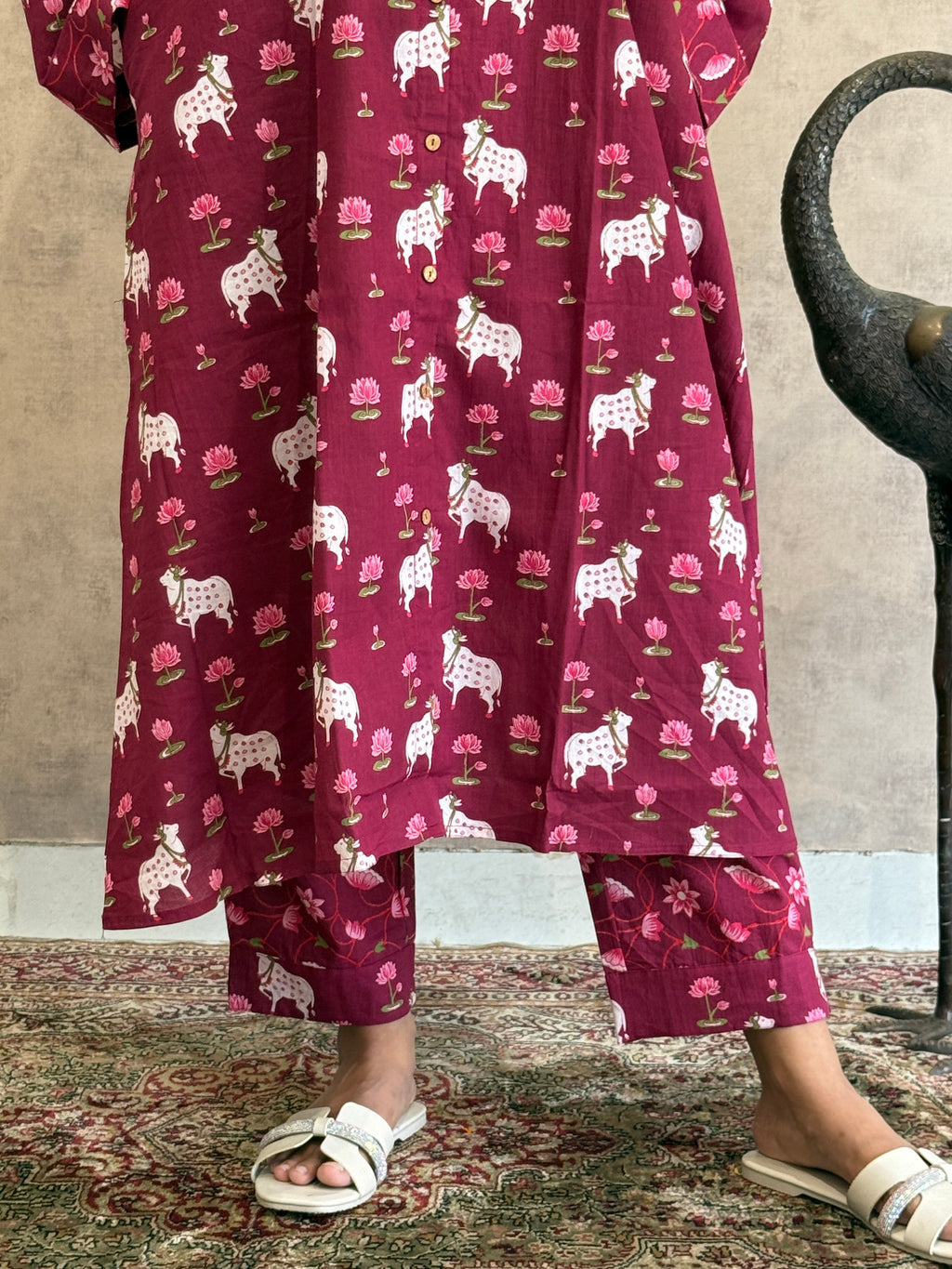 Aruna Pichwai Cotton Kurti Pant Set | Berry | KanthaIndia