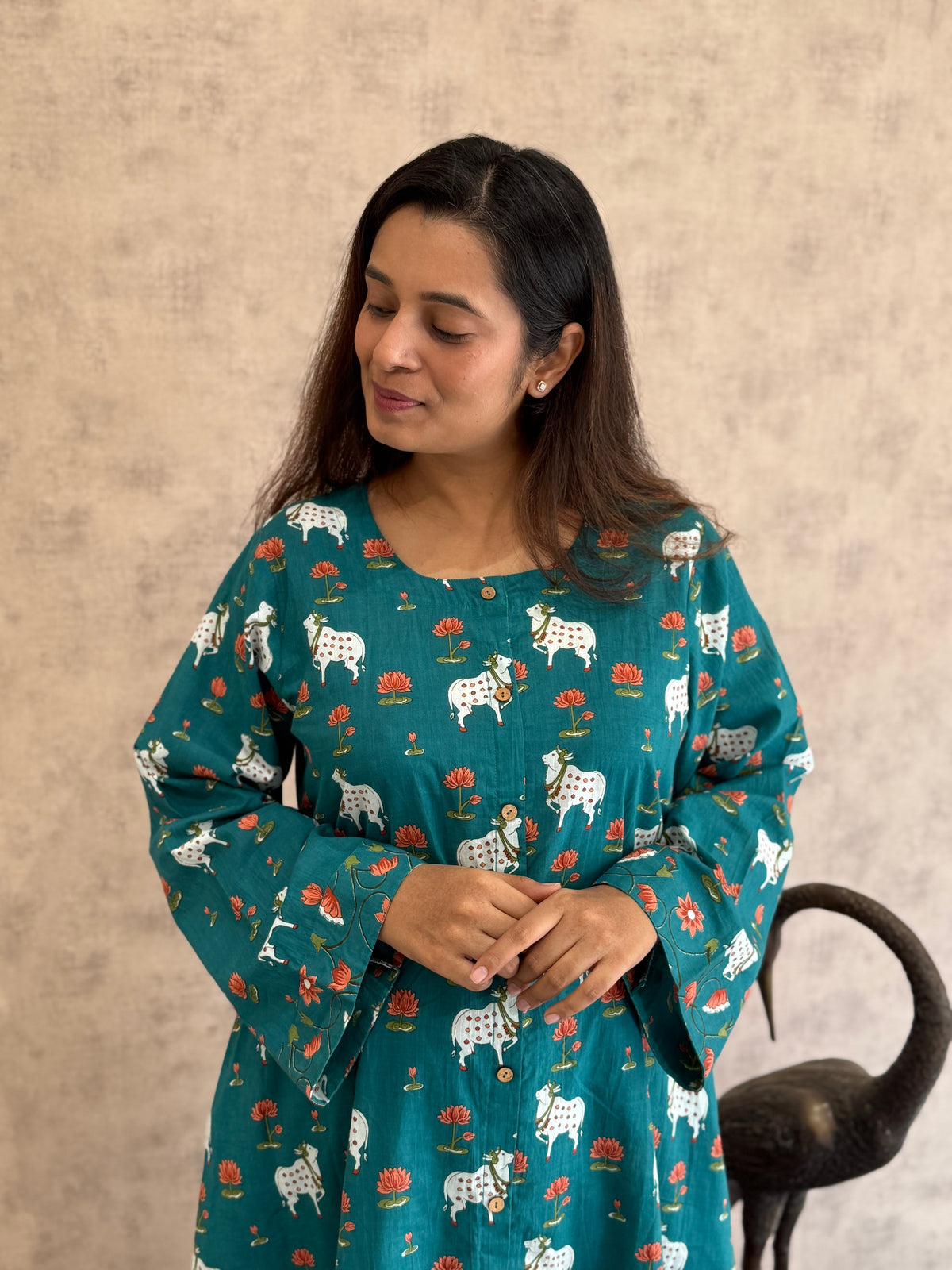 Nilambari Pichwai Cotton Kurti Pant Set | Teal | KanthaIndia