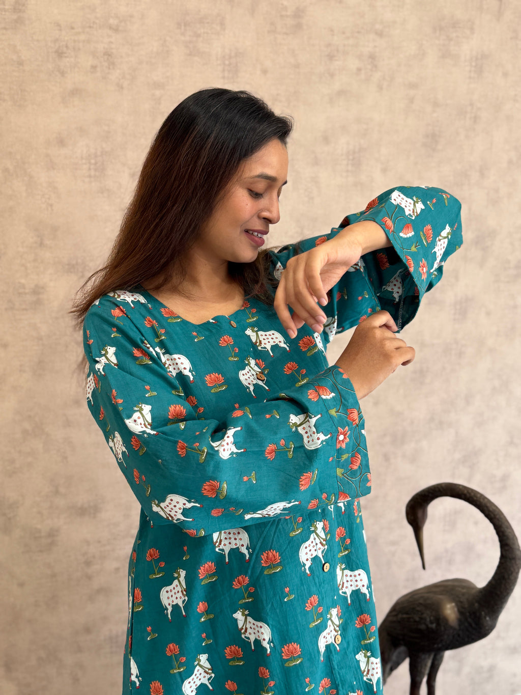 Nilambari Pichwai Cotton Kurti Pant Set | Teal | KanthaIndia