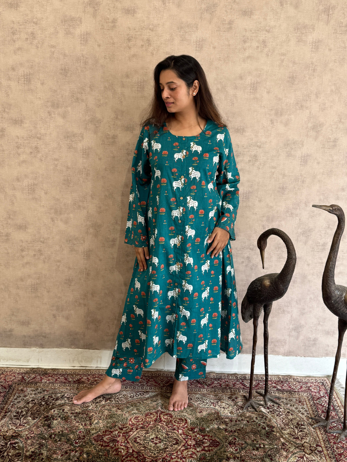 Nilambari Pichwai Cotton Kurti Pant Set | Teal | KanthaIndia