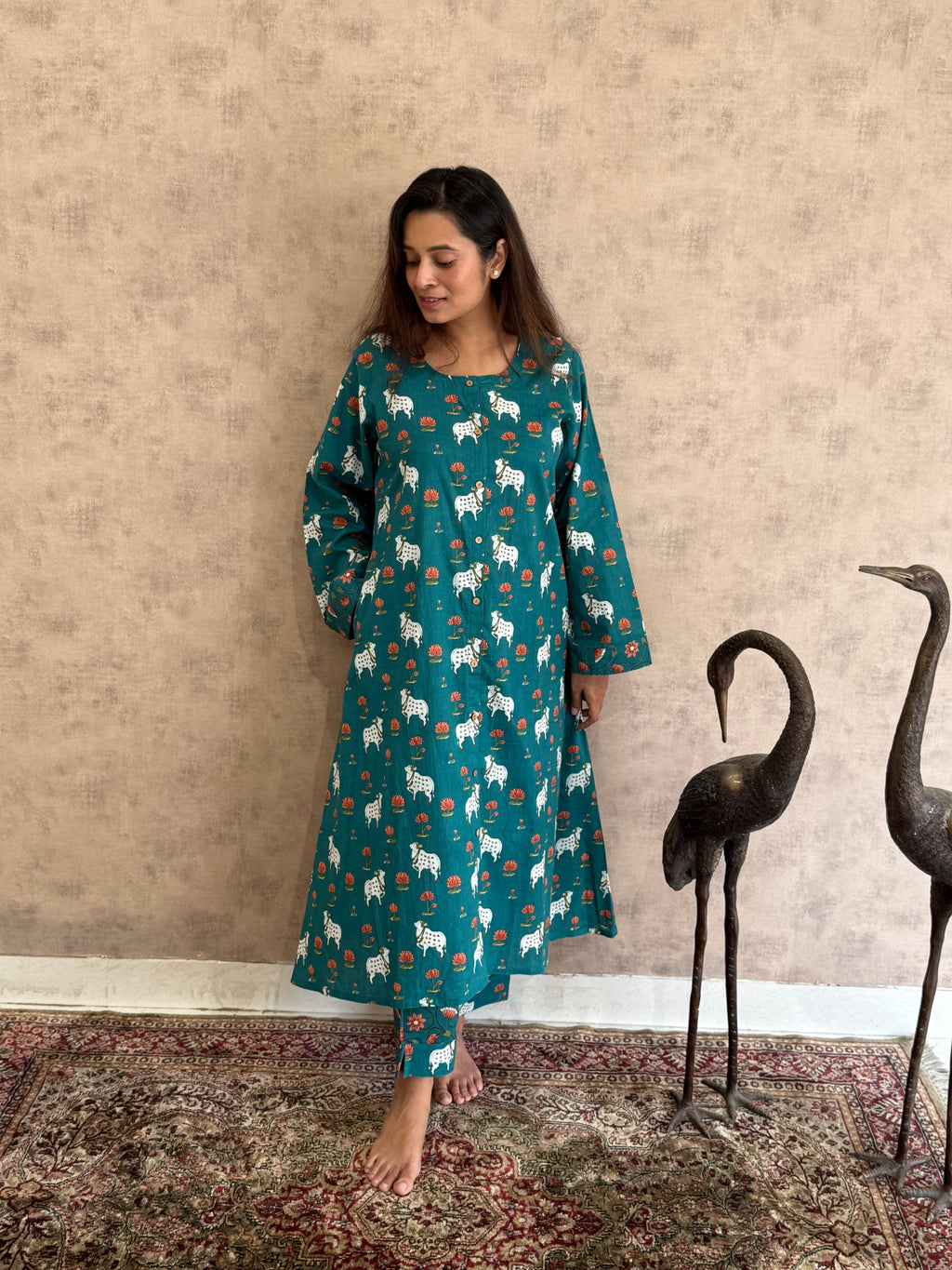 Nilambari Pichwai Cotton Kurti Pant Set | Teal | KanthaIndia