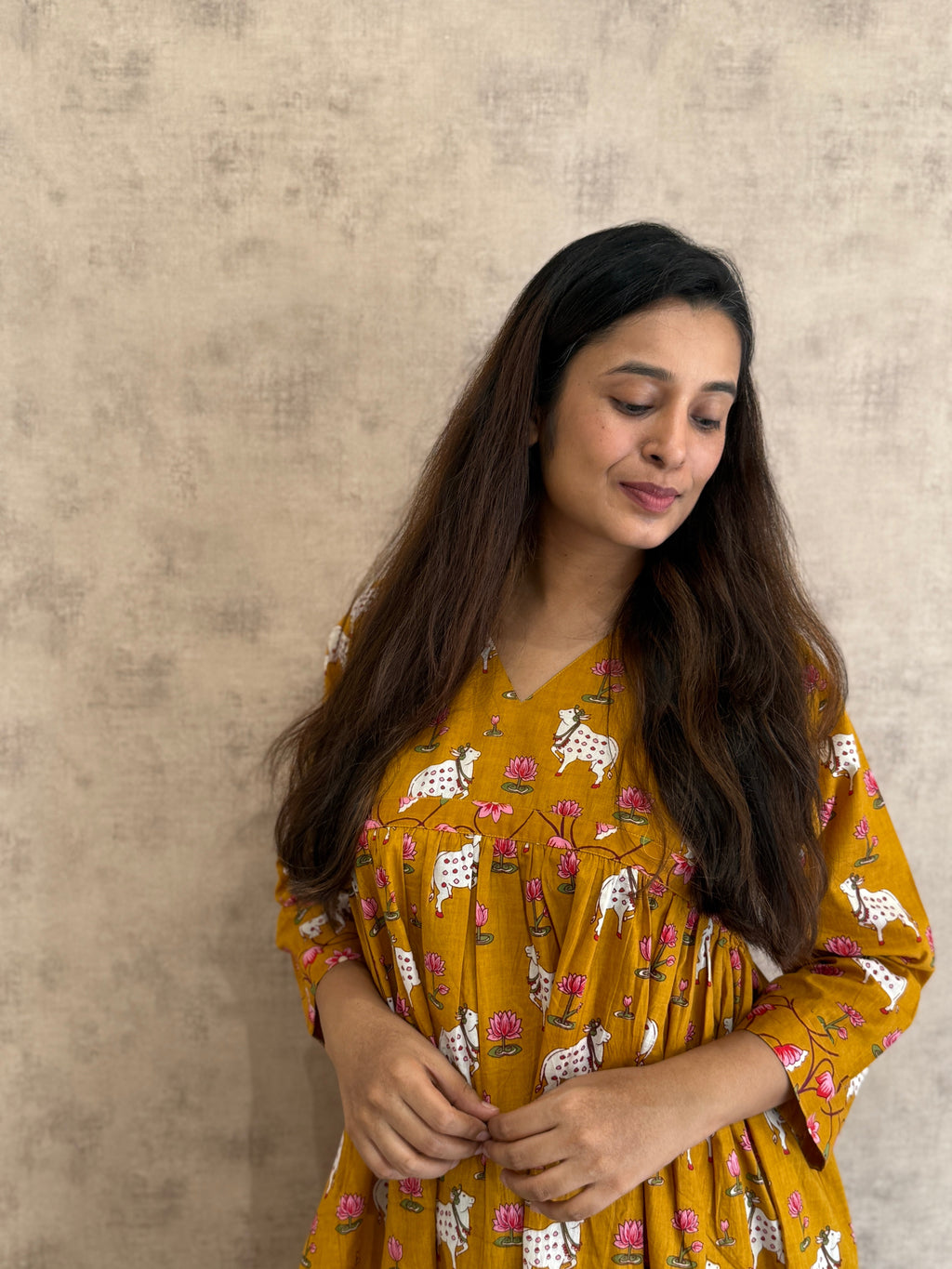Peetambari Pichwai Cotton Kurti Pant Set | Mustard | KanthaIndia