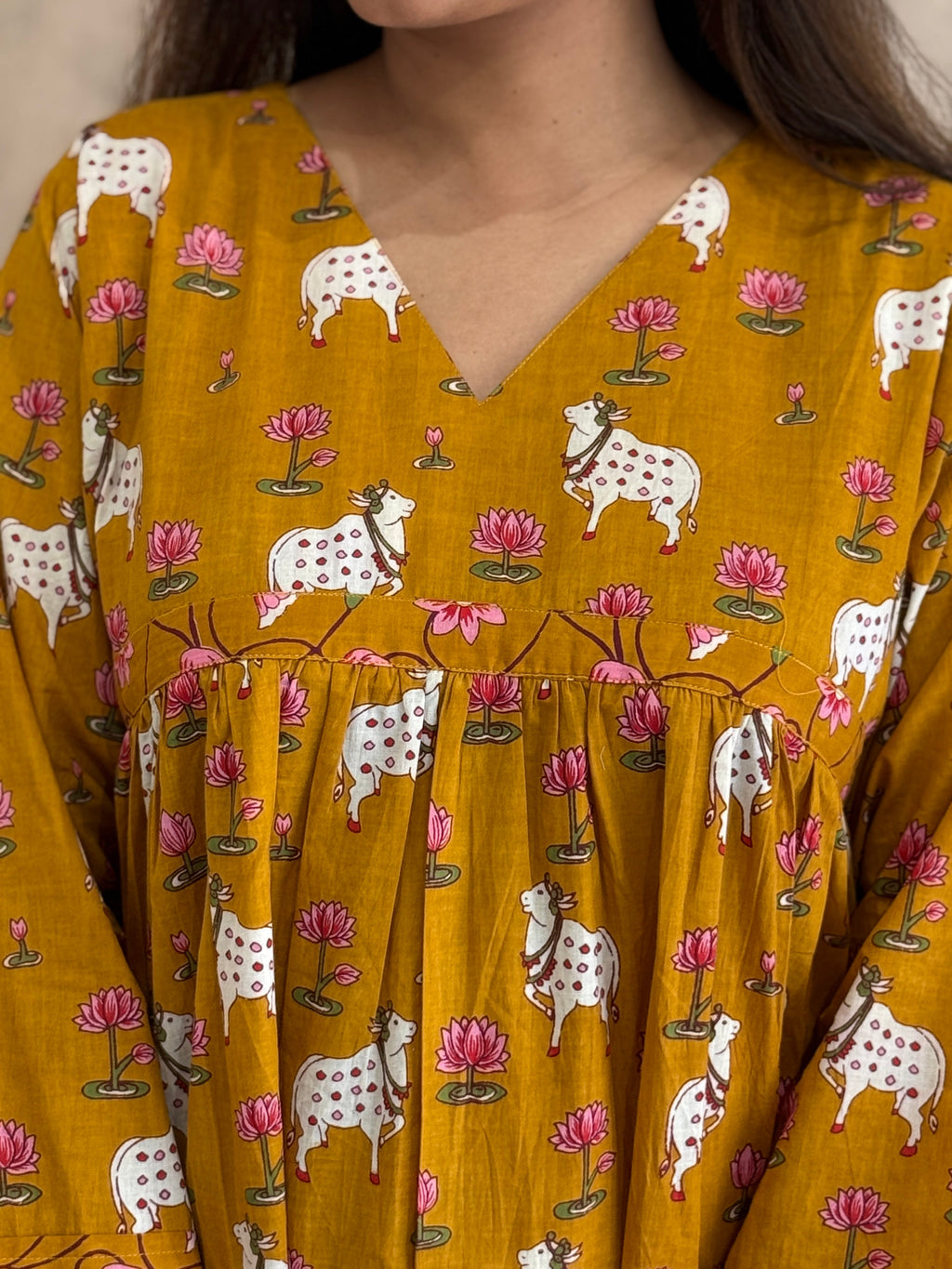 Peetambari Pichwai Cotton Kurti Pant Set | Mustard | KanthaIndia