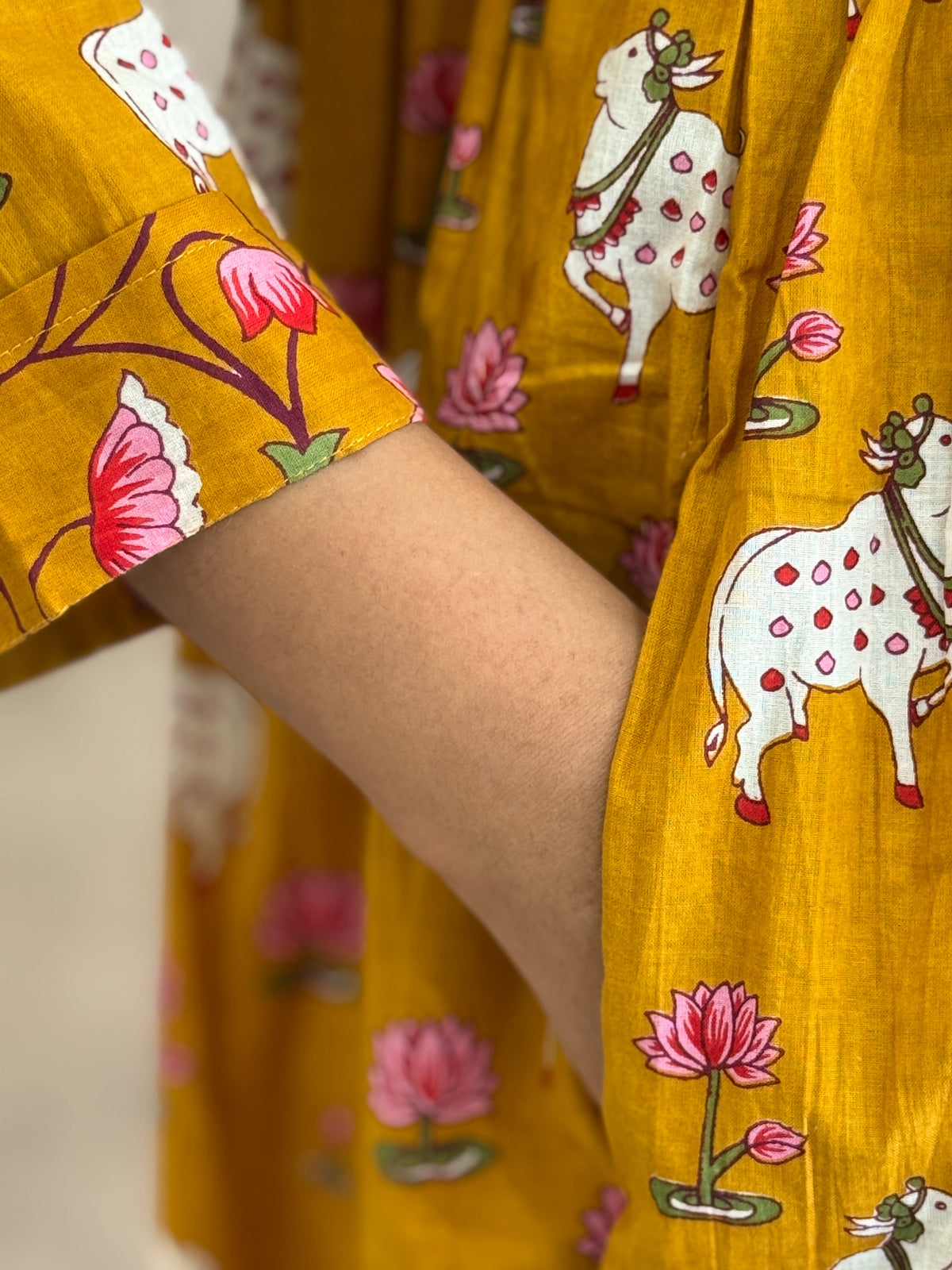 Peetambari Pichwai Cotton Kurti Pant Set | Mustard | KanthaIndia