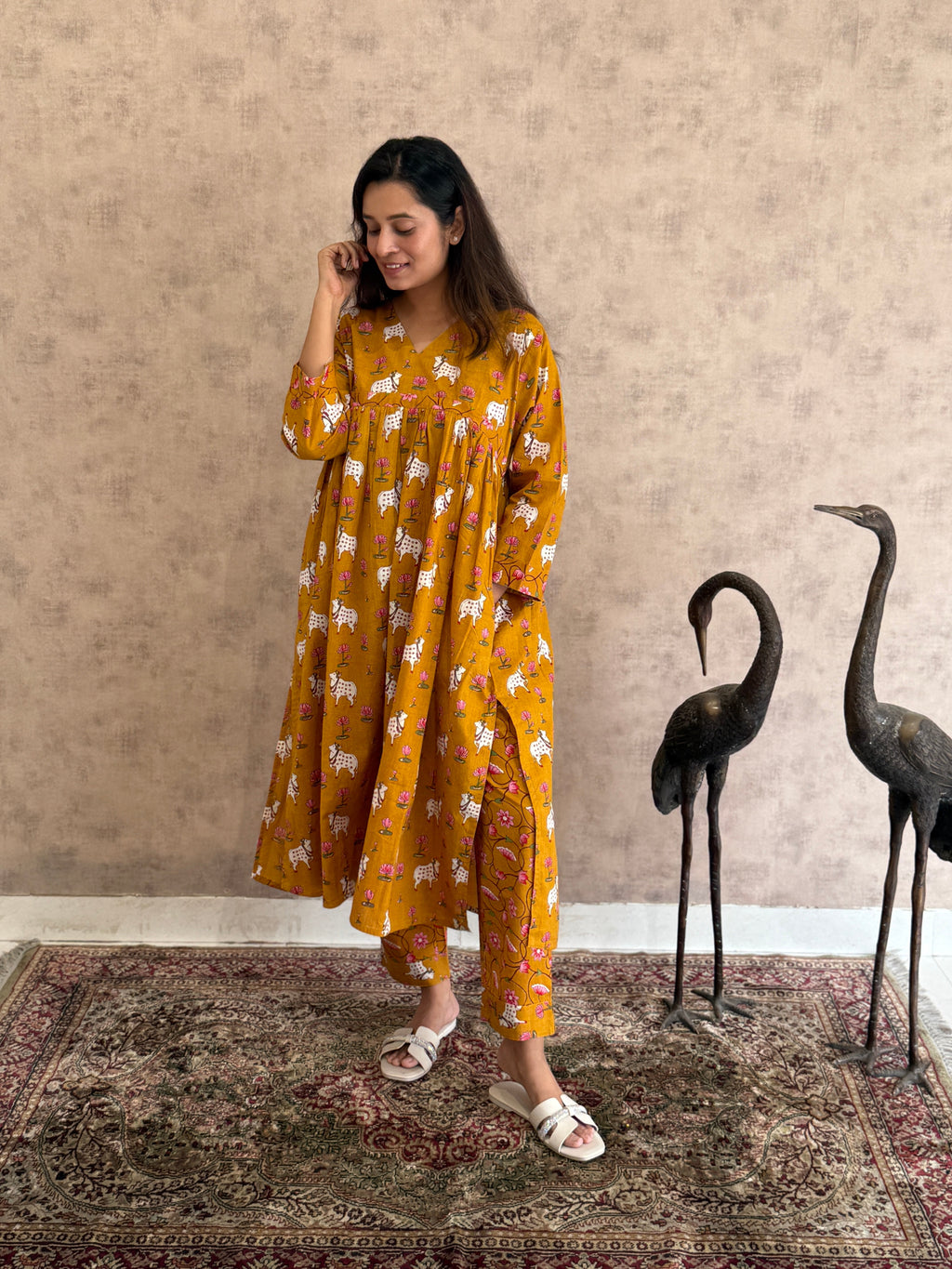 Peetambari Pichwai Cotton Kurti Pant Set | Mustard | KanthaIndia