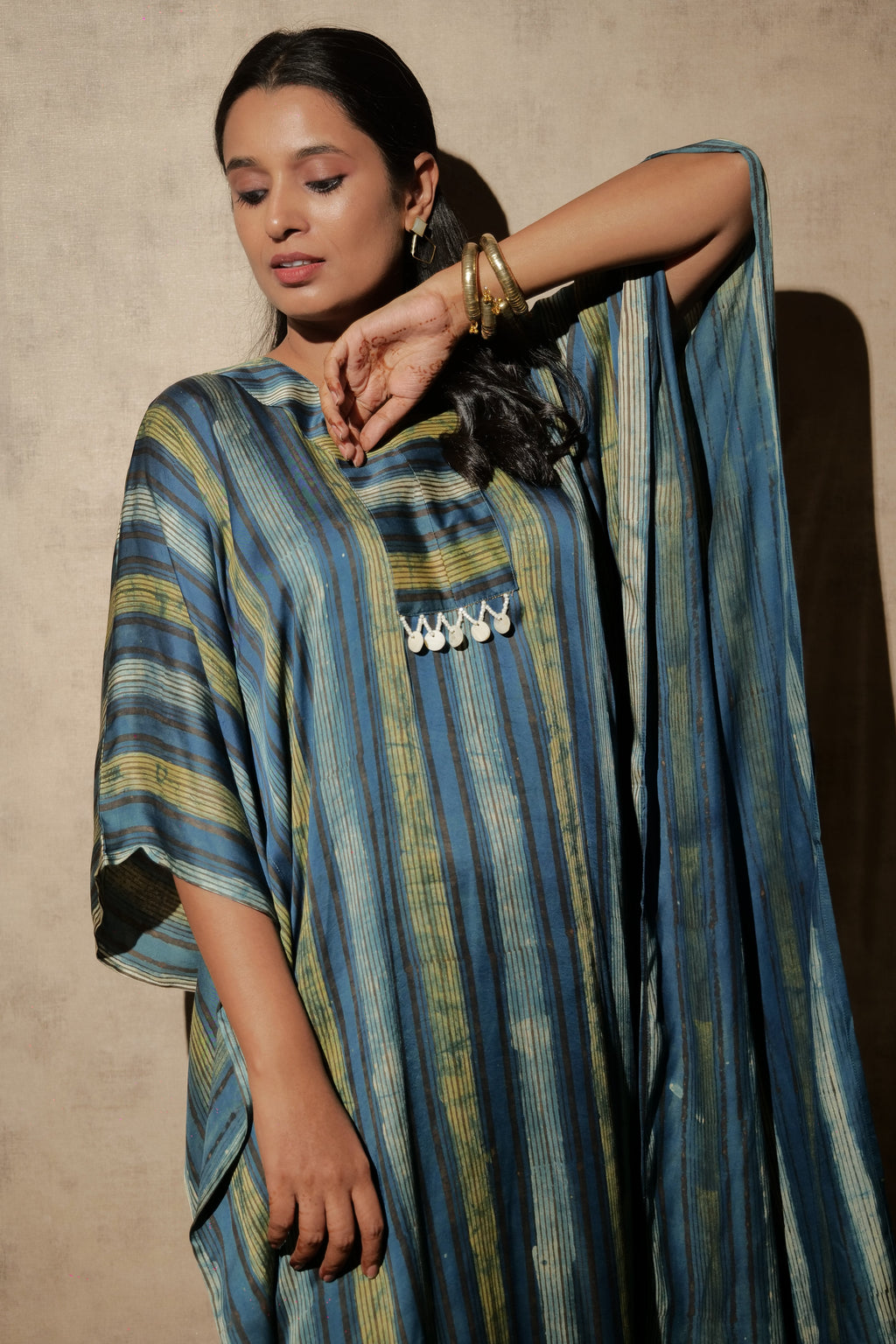 Ajrakh Modal Free-size Blue-Yellow V-Neck Kaftan | slight defect