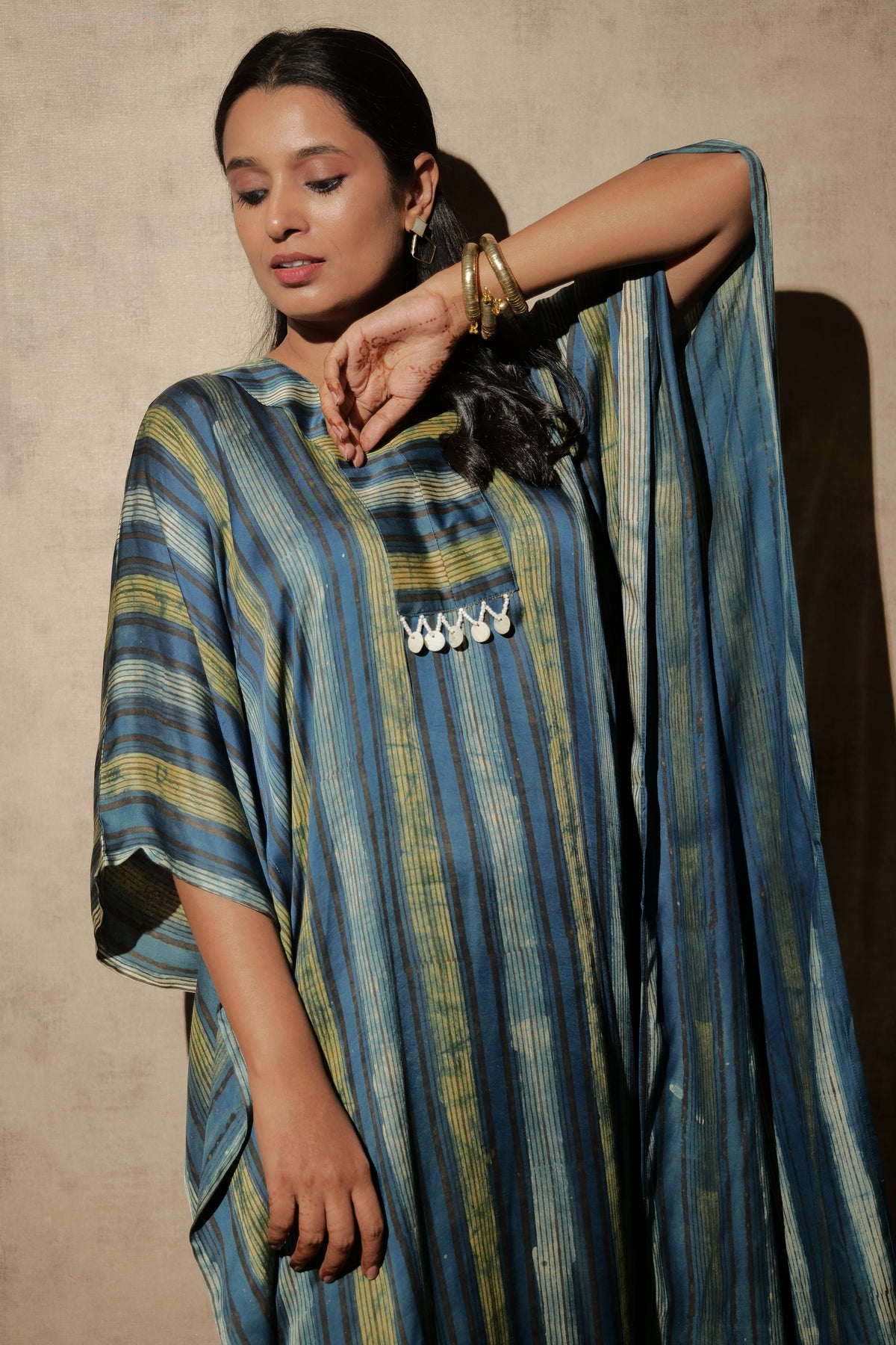 Ajrakh Modal Free-size Blue-Yellow V-Neck Kaftan | slight defect