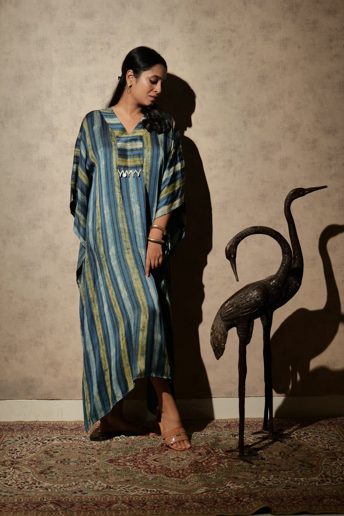 Ajrakh Modal Free-size Blue-Yellow V-Neck Kaftan | slight defect