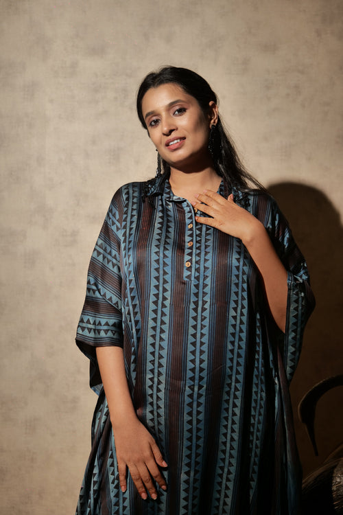 Ajrakh Modal Free-size Collar Neck Blue Kaftan Dress