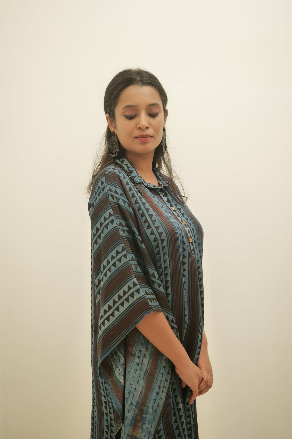 Ajrakh Modal Free-size Collar Neck Blue Kaftan Dress