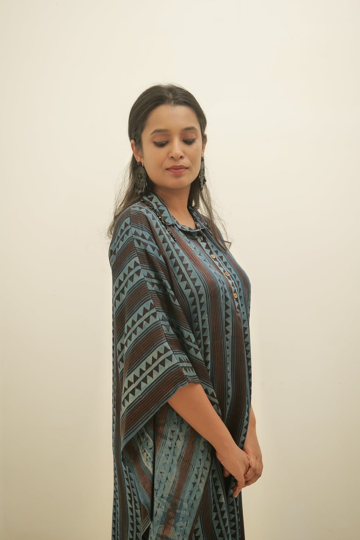 Ajrakh Modal Free-size Collar Neck Blue Kaftan Dress