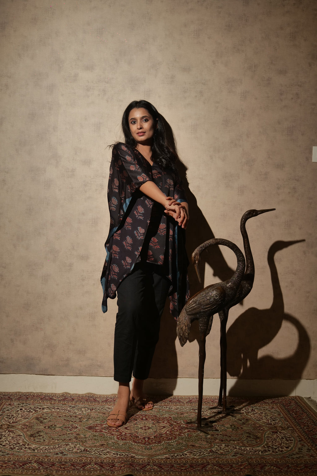 Black Ajrakh Hand Block Printed Modal Kaftan | Free Size | KanthaIndia