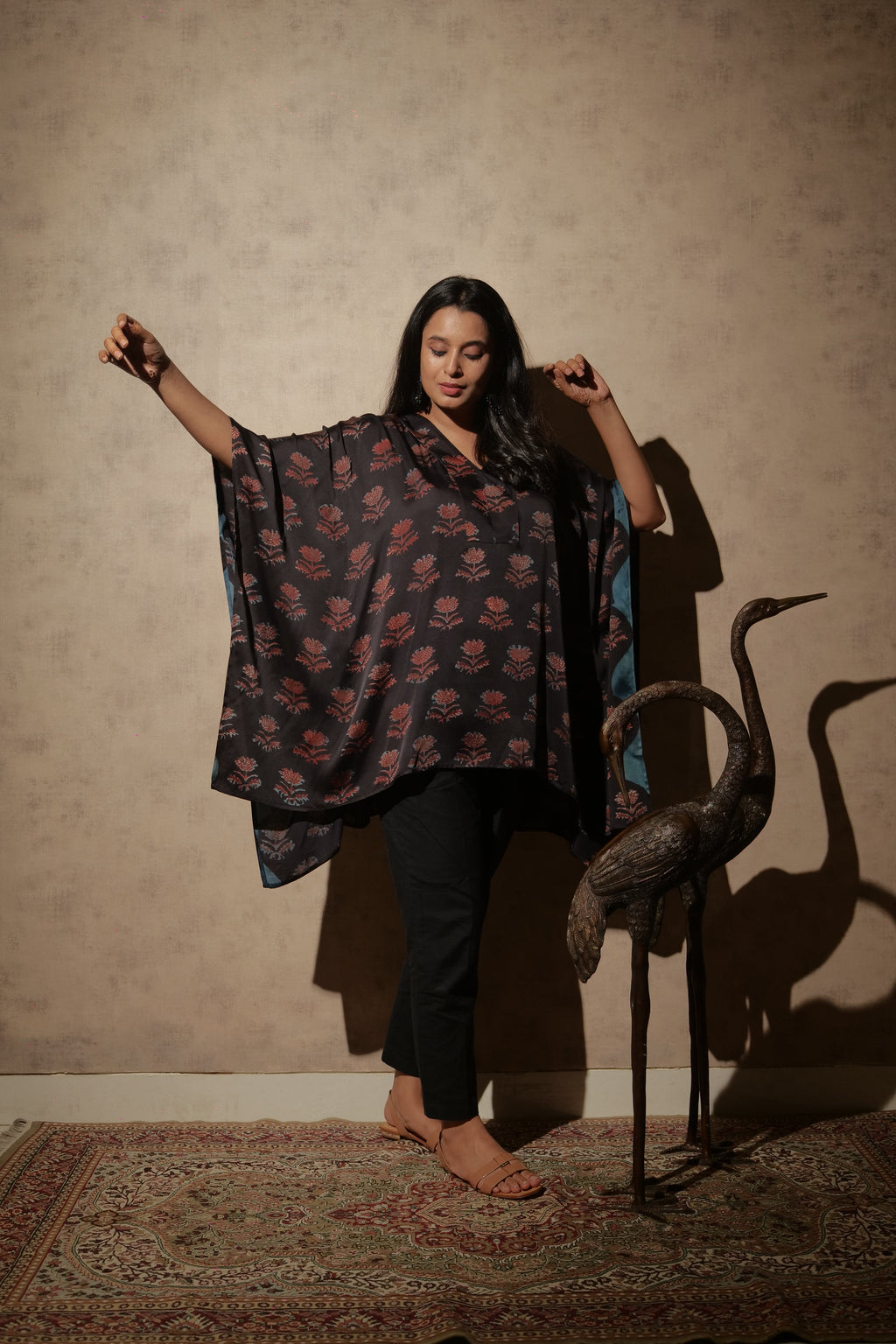 Black Ajrakh Hand Block Printed Modal Kaftan | Free Size | KanthaIndia
