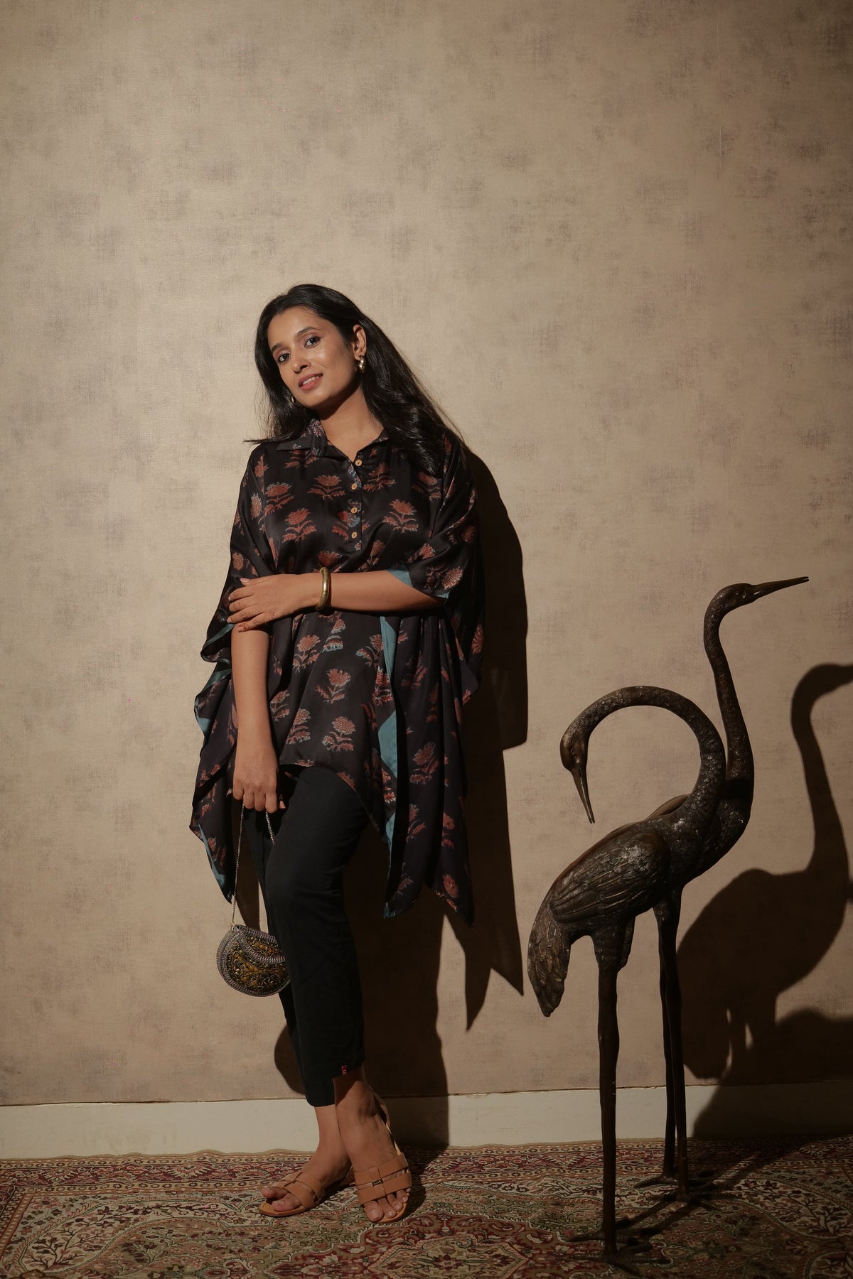Black Ajrakh Hand Block Printed Modal Kaftan | Free Size | KanthaIndia