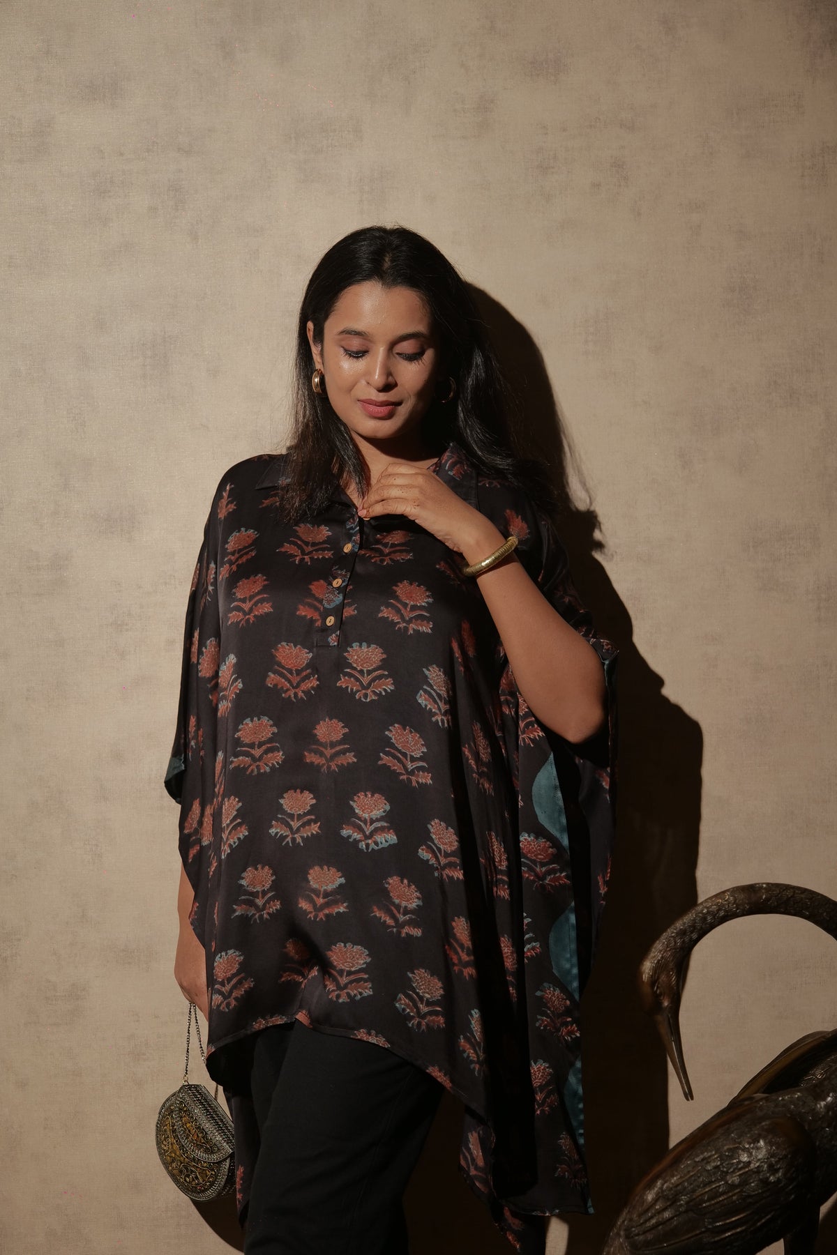 Black Ajrakh Hand Block Printed Modal Kaftan | Free Size | KanthaIndia