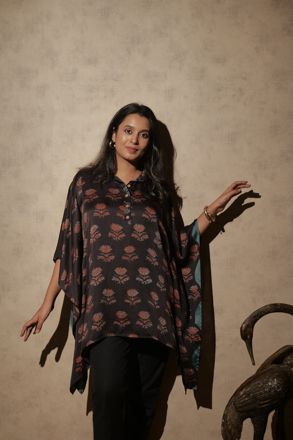 Black Ajrakh Hand Block Printed Modal Kaftan | Free Size | KanthaIndia