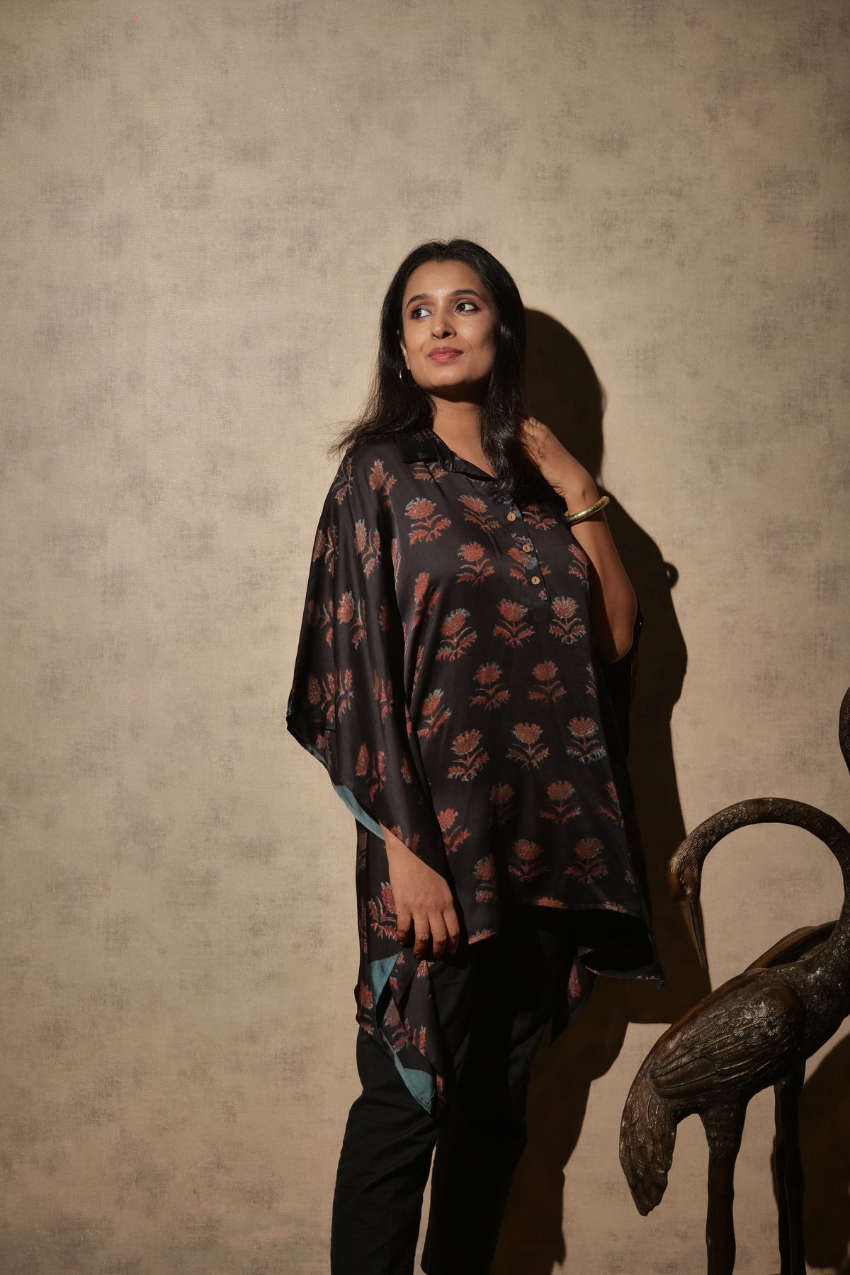 Black Ajrakh Hand Block Printed Modal Kaftan | Free Size | KanthaIndia
