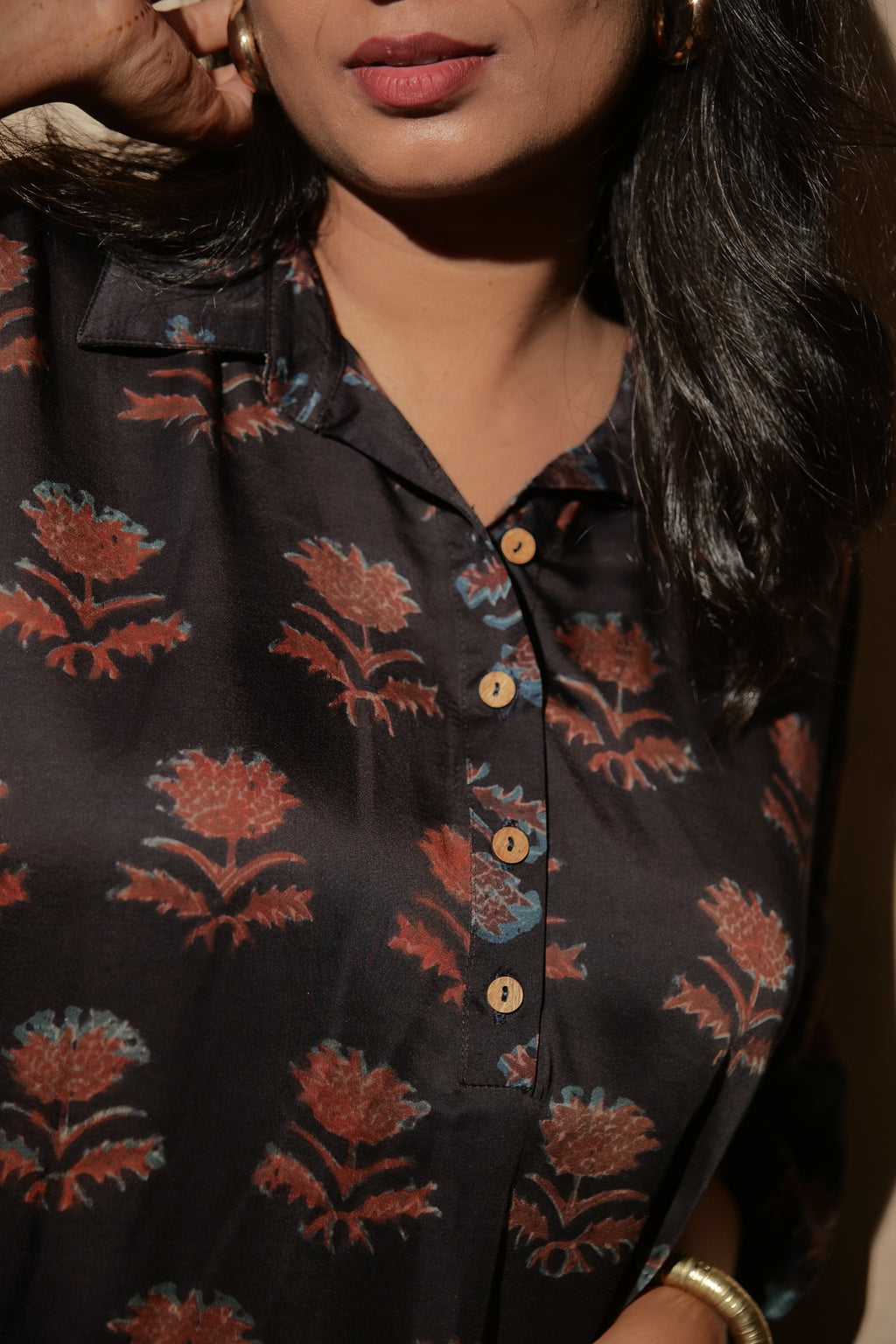 Black Ajrakh Hand Block Printed Modal Kaftan | Free Size | KanthaIndia