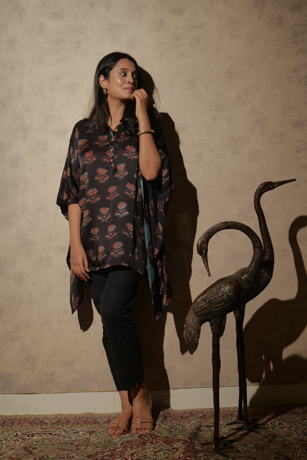 Black Ajrakh Hand Block Printed Modal Kaftan | Free Size | KanthaIndia