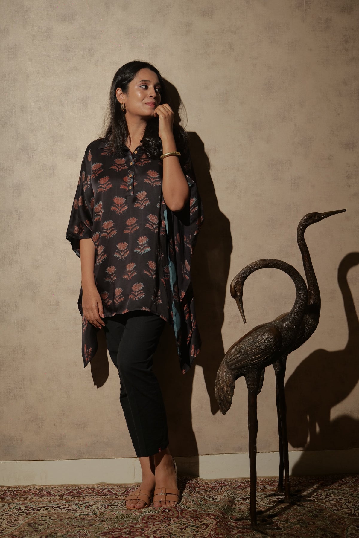 Black Ajrakh Hand Block Printed Modal Kaftan | Free Size | KanthaIndia