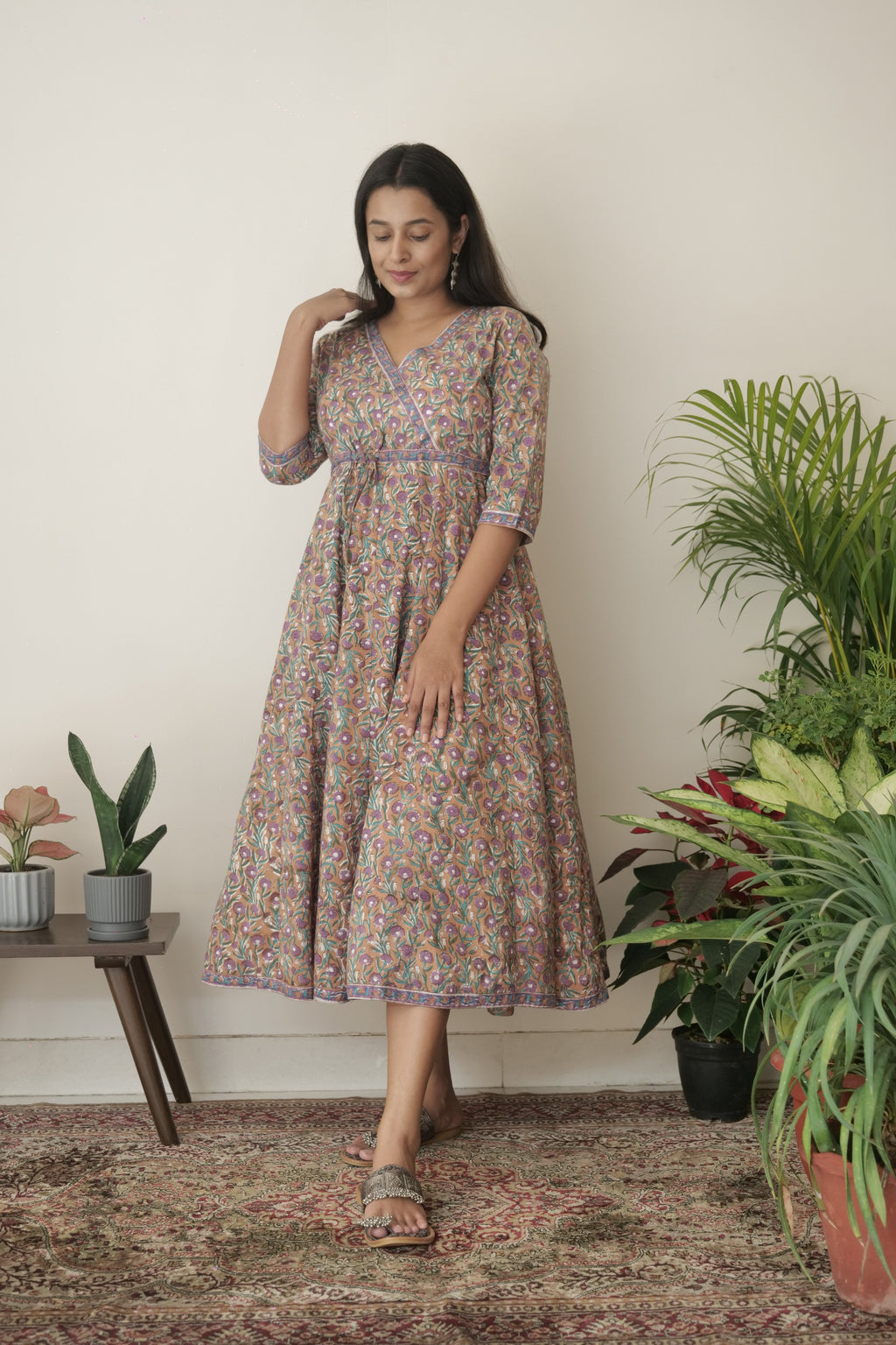 Beige Bagh Hand Block Printed Cotton Dress | KanthaIndia