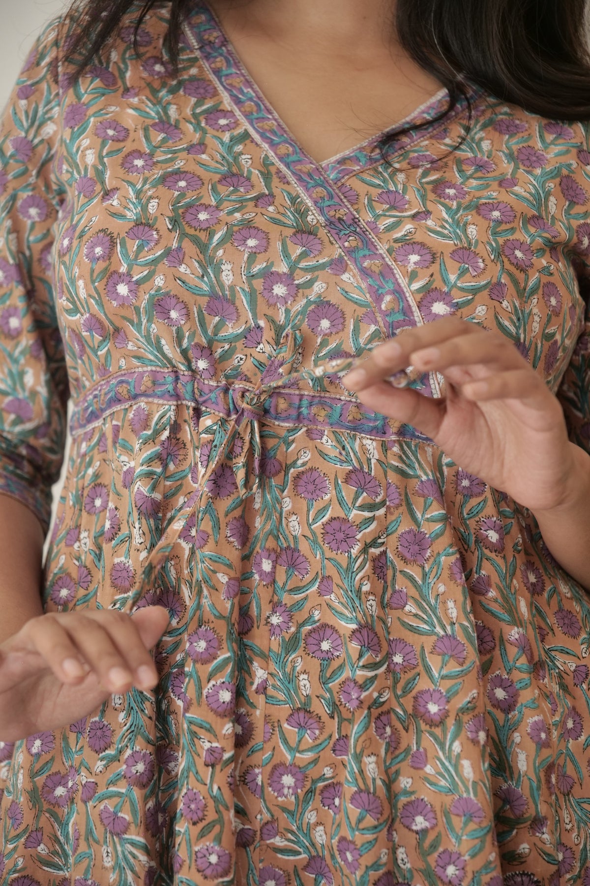 Beige Bagh Hand Block Printed Cotton Dress | KanthaIndia