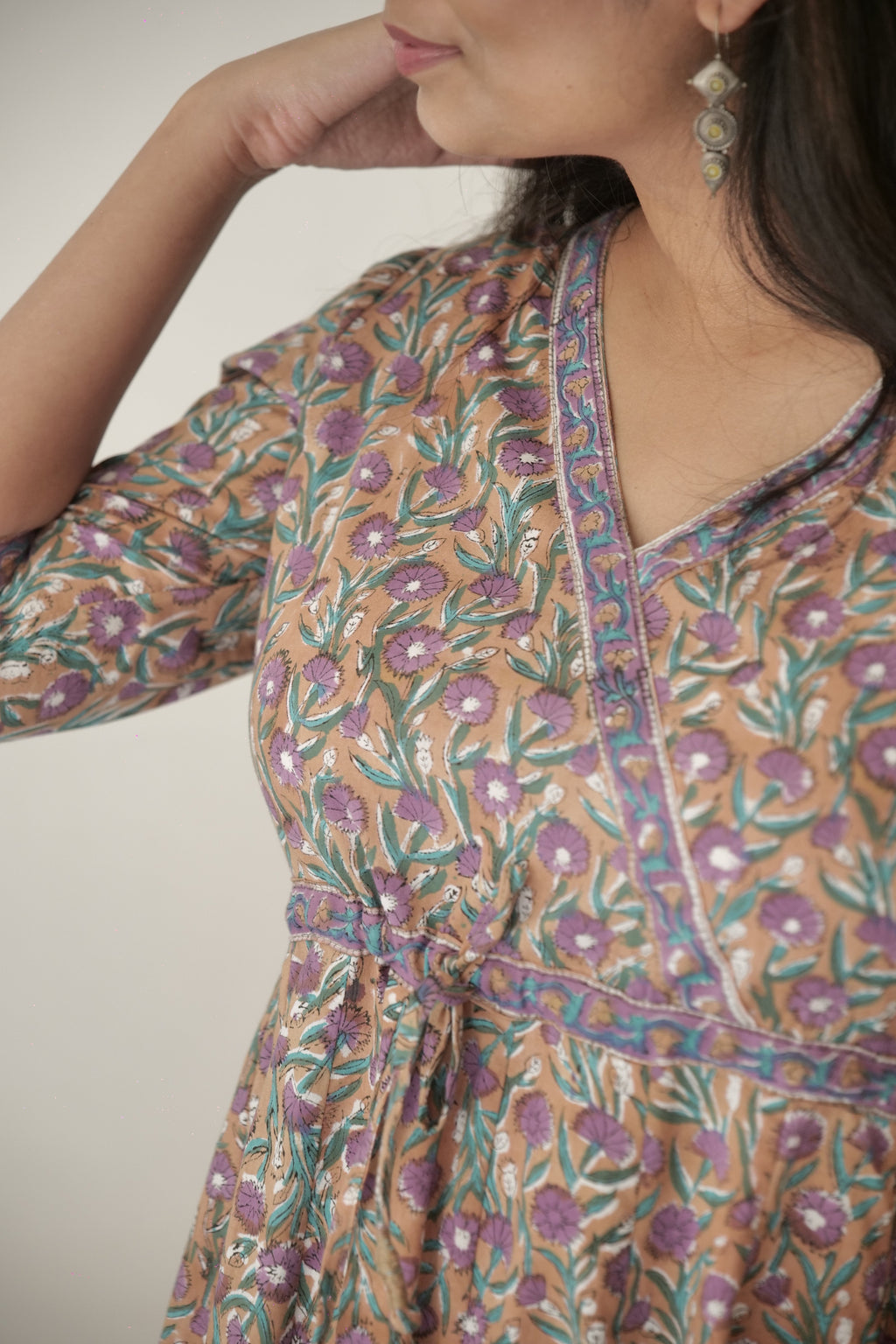 Beige Bagh Hand Block Printed Cotton Dress | KanthaIndia