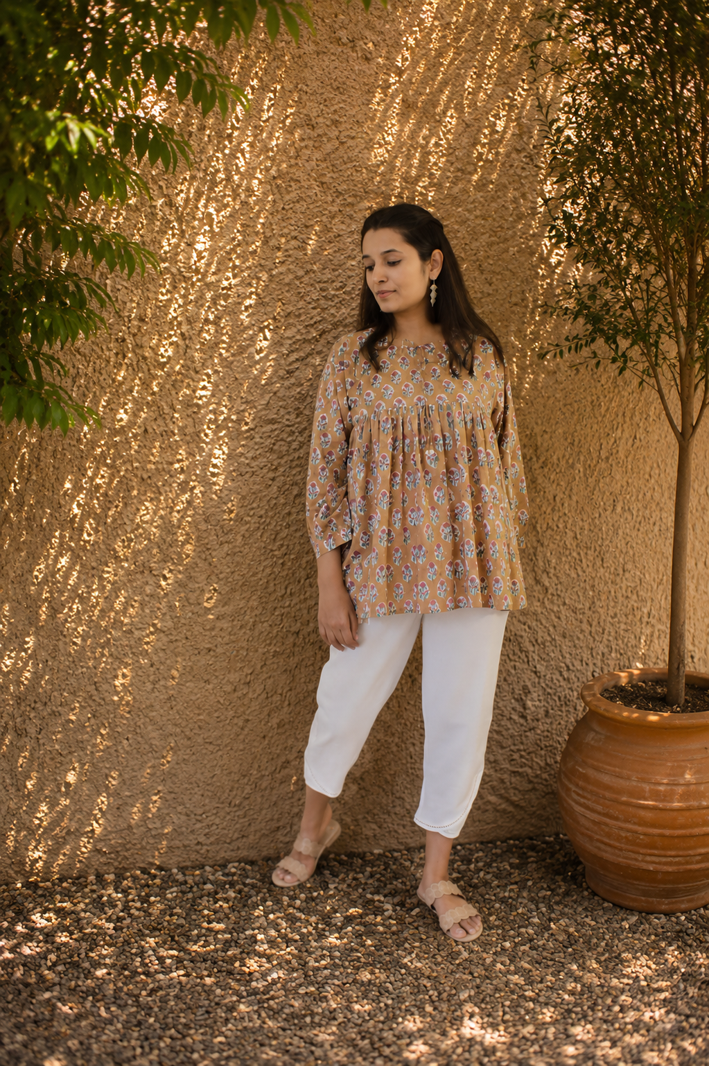 Beige Hand Block Printed Cotton Short Top