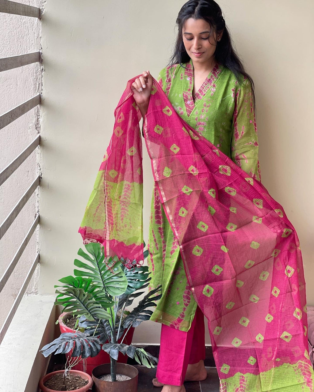 Shibori Green Pink Kota Doria Suit