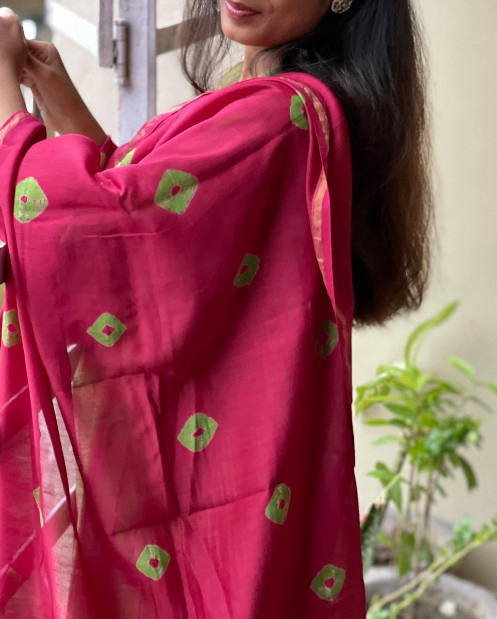 Green Pink Shibori Chanderi Suit Set