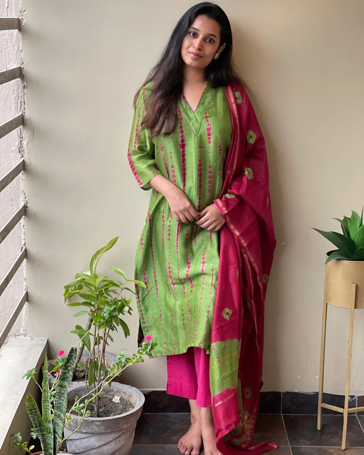 Green Pink Shibori Chanderi Suit Set